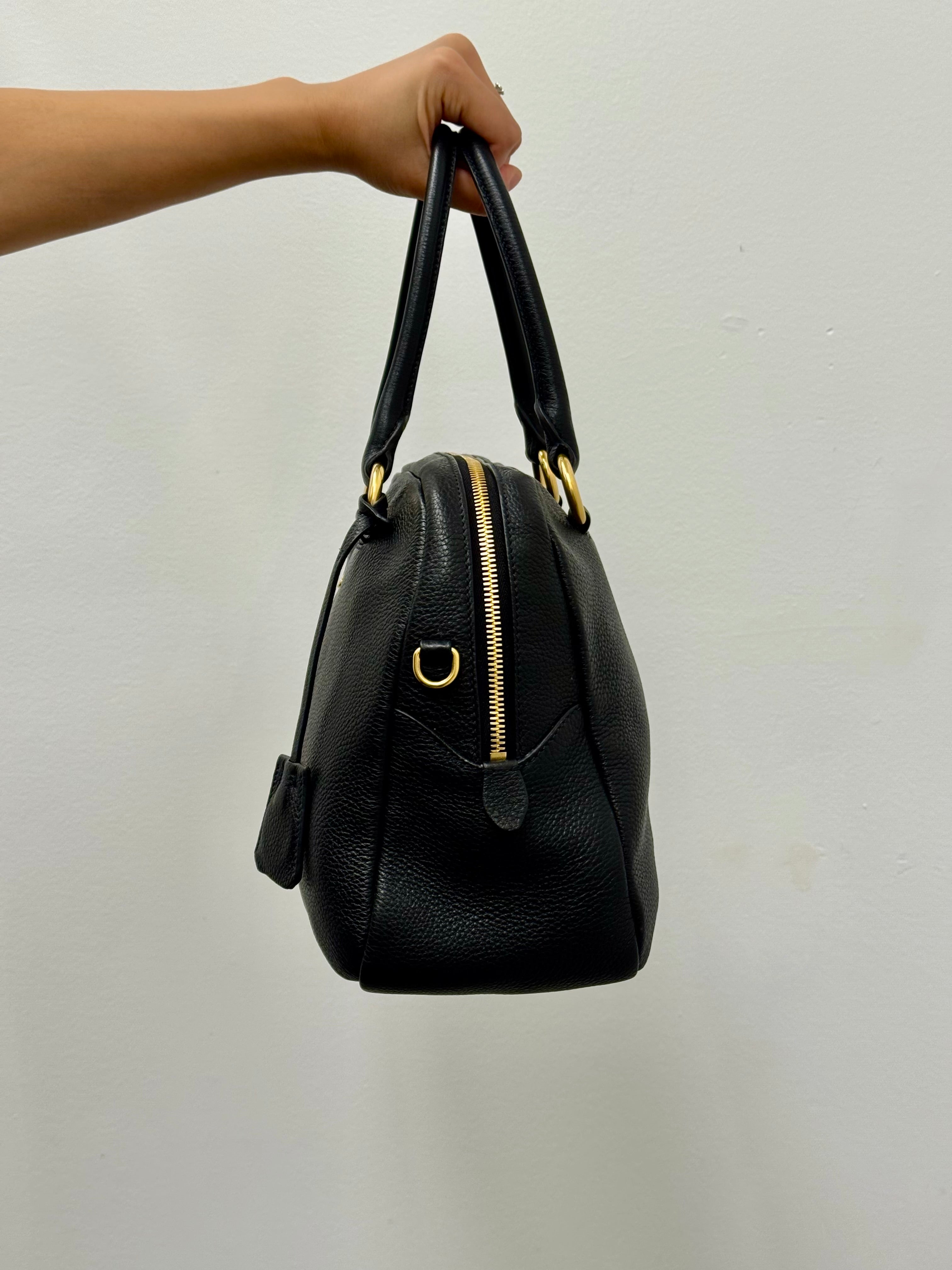 Prada Vitello Daino Bowler Bag in Black Pebbled Leather with Gold