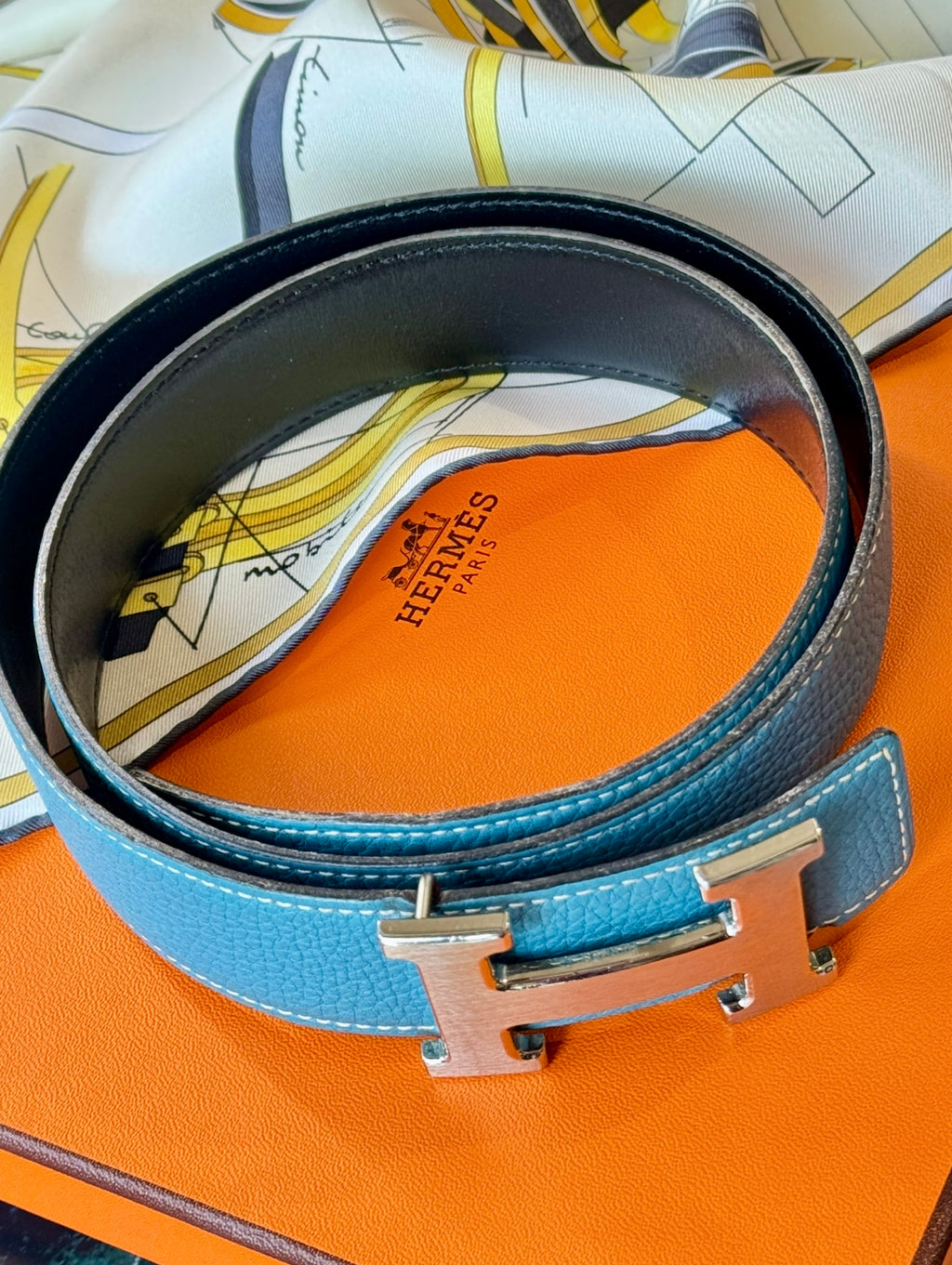 Hermès Constance H Reversible Belt Bleu Jean and Black 32 mm