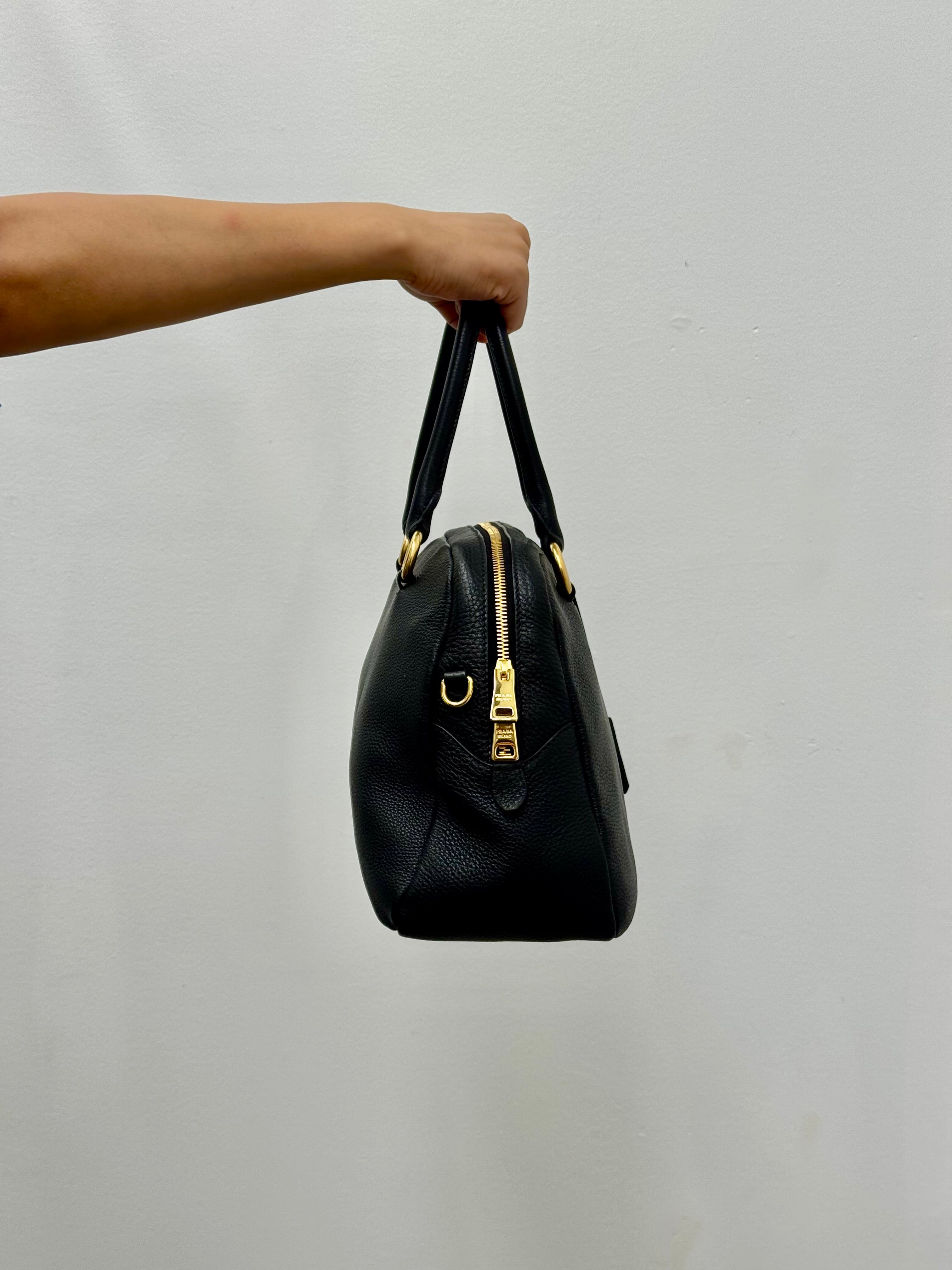 Prada Vitello Daino Bowler Bag in Black Pebbled Leather with Gold