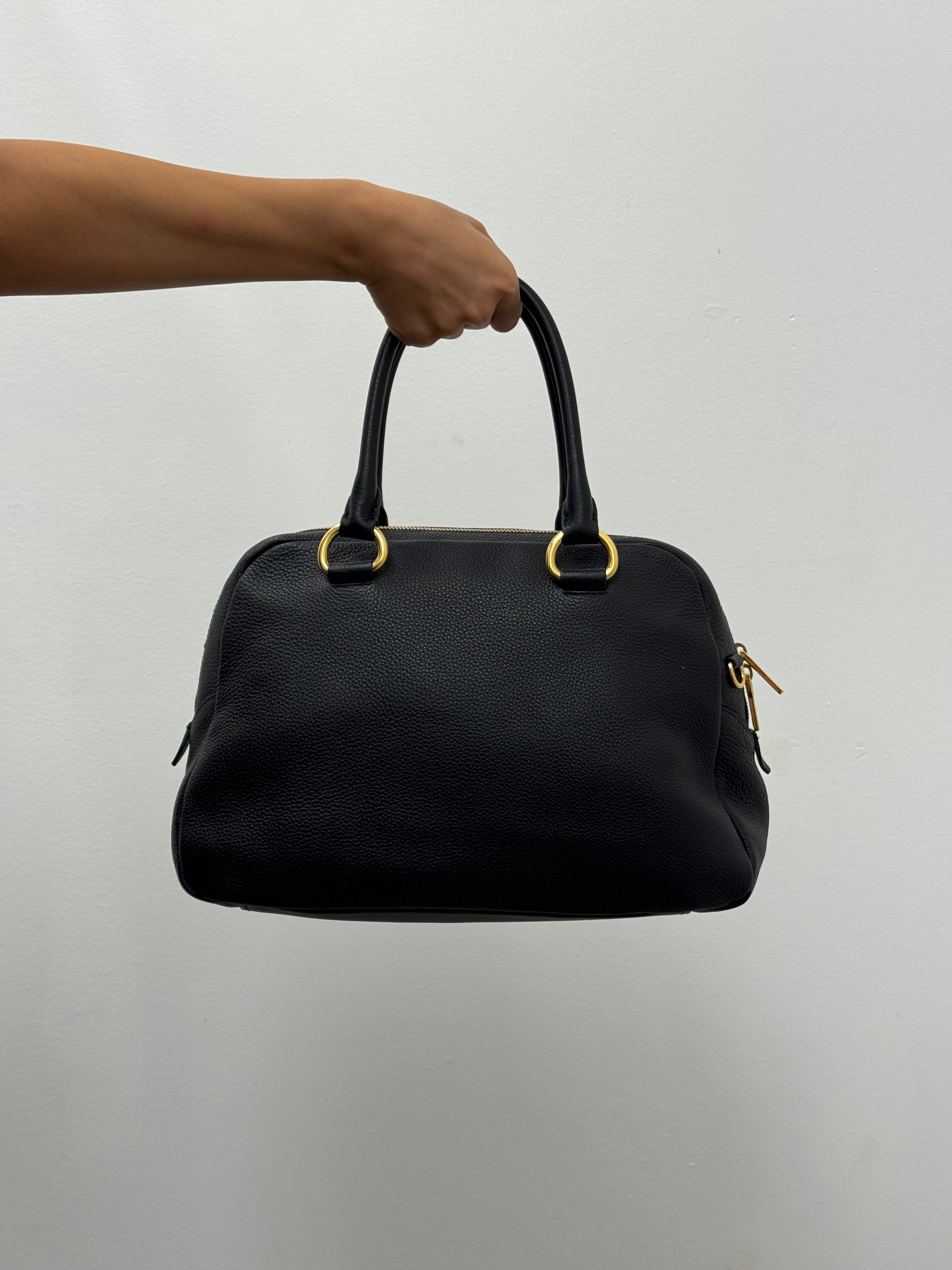 Prada Vitello Daino Bowler Bag in Black Pebbled Leather with Gold