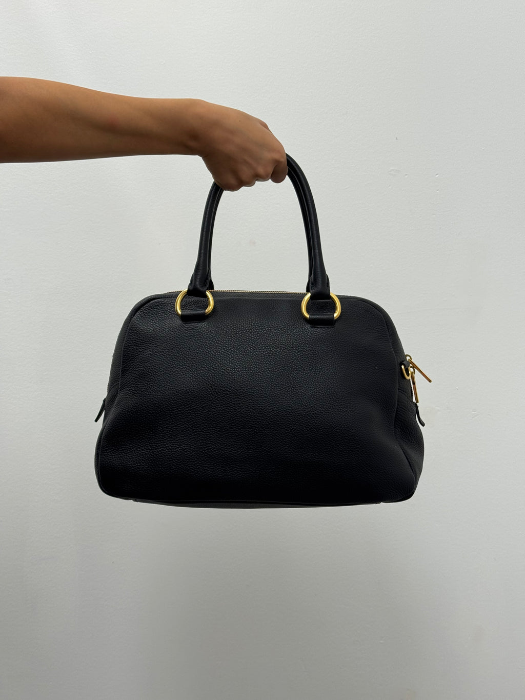 Prada Vitello Daino Bowler Bag in Black Pebbled Leather with Gold Hardware