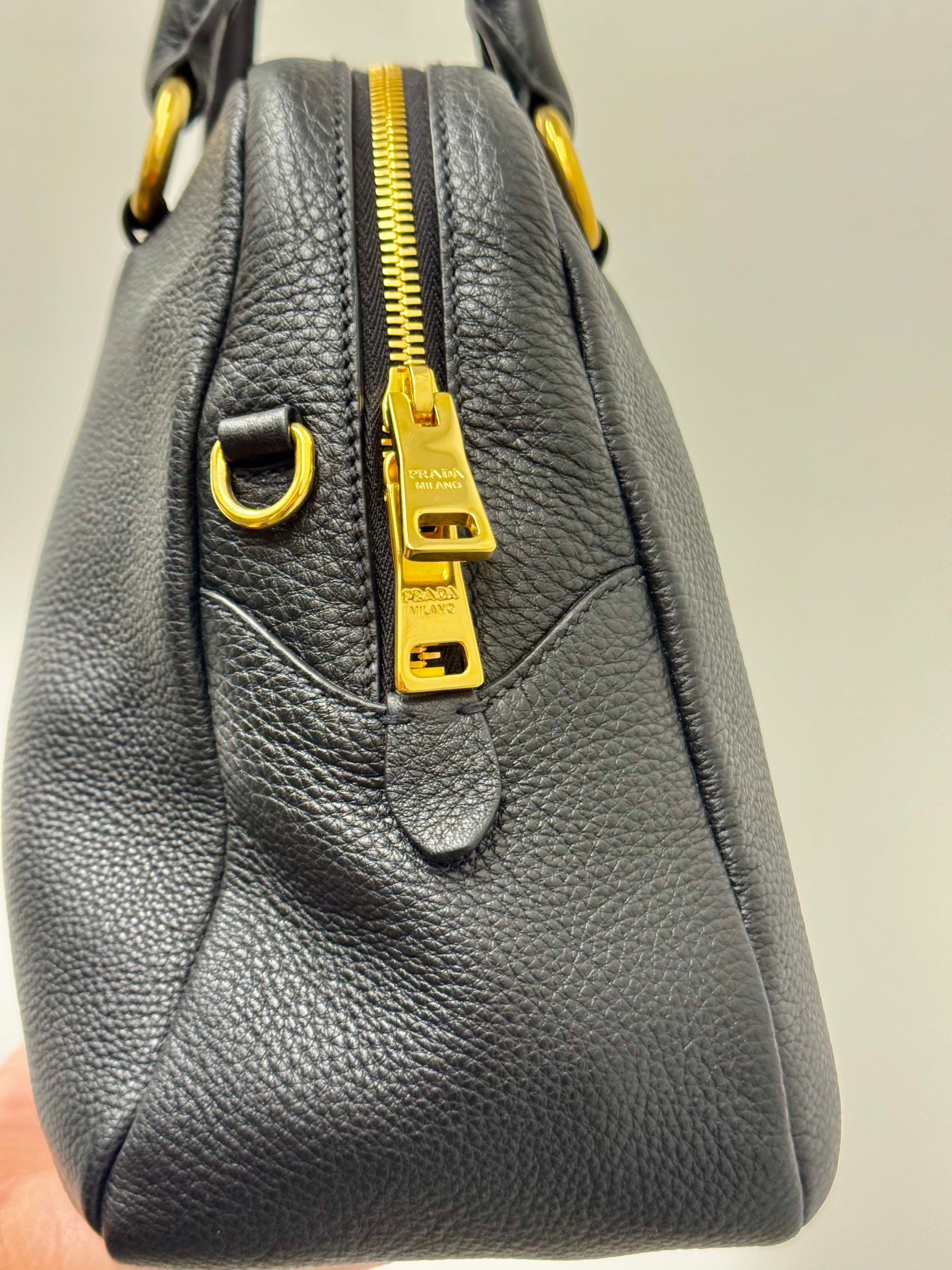 Prada Vitello Daino Bowler Bag in Black Pebbled Leather with Gold Hardware