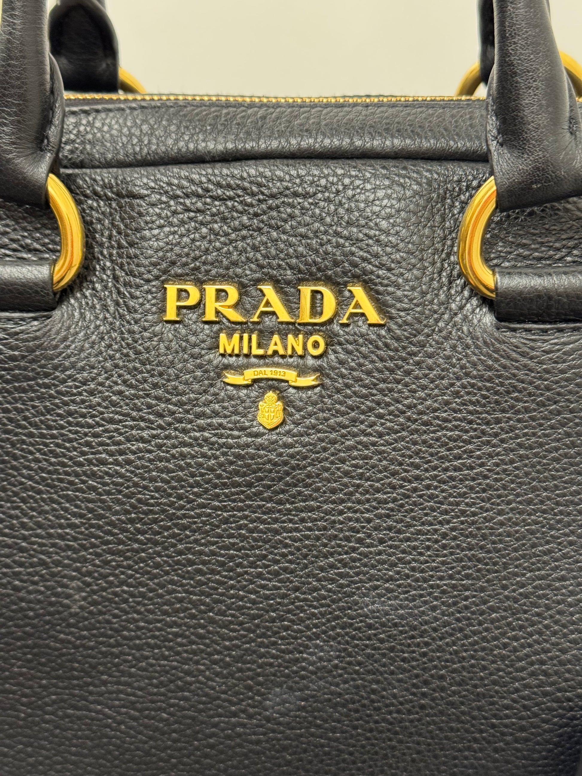 Prada Vitello Daino Bowler Bag in Black Pebbled Leather with Gold Hardware