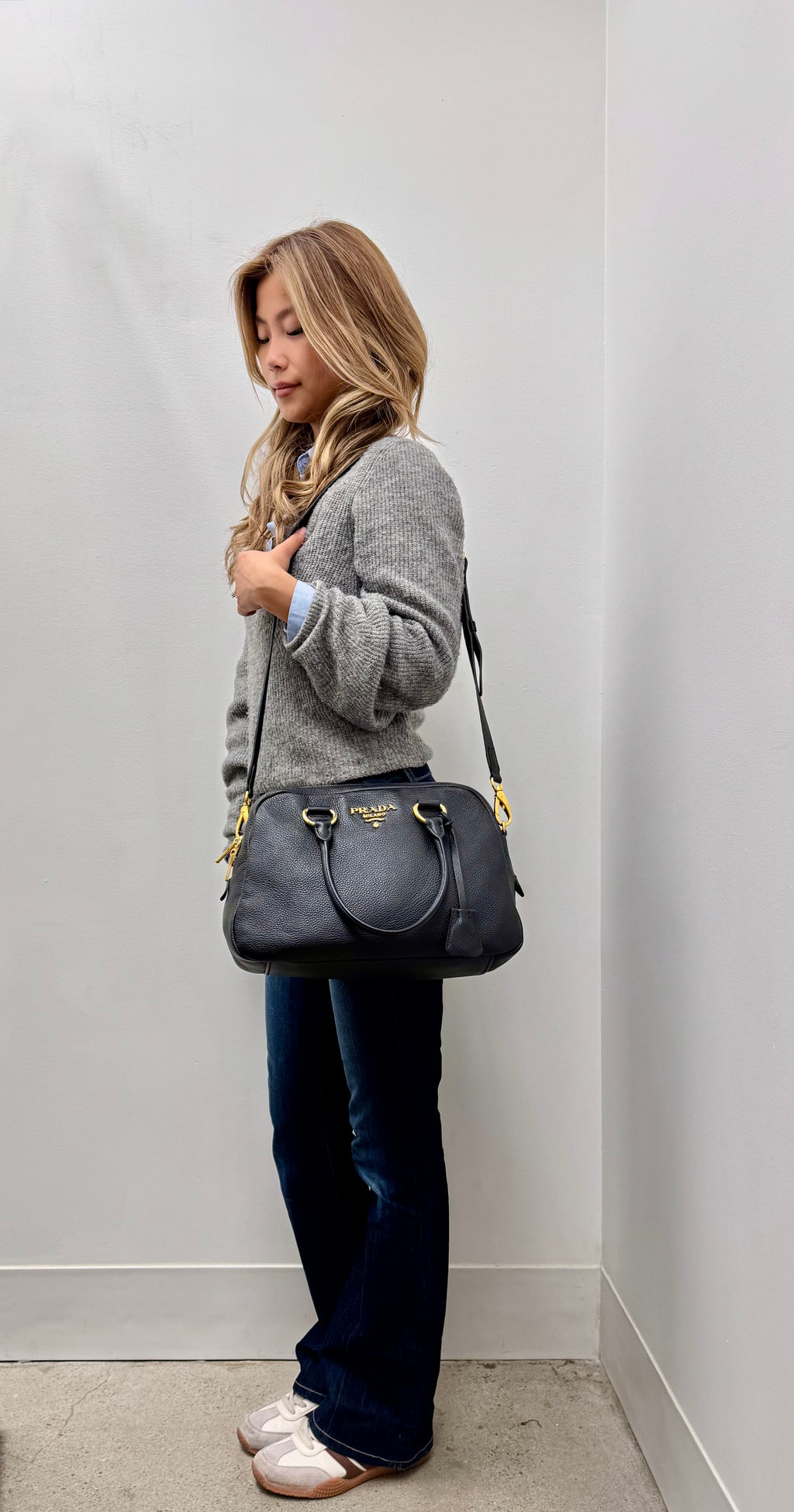 Prada Vitello Daino Bowler Bag in Black Pebbled Leather with Gold Hardware