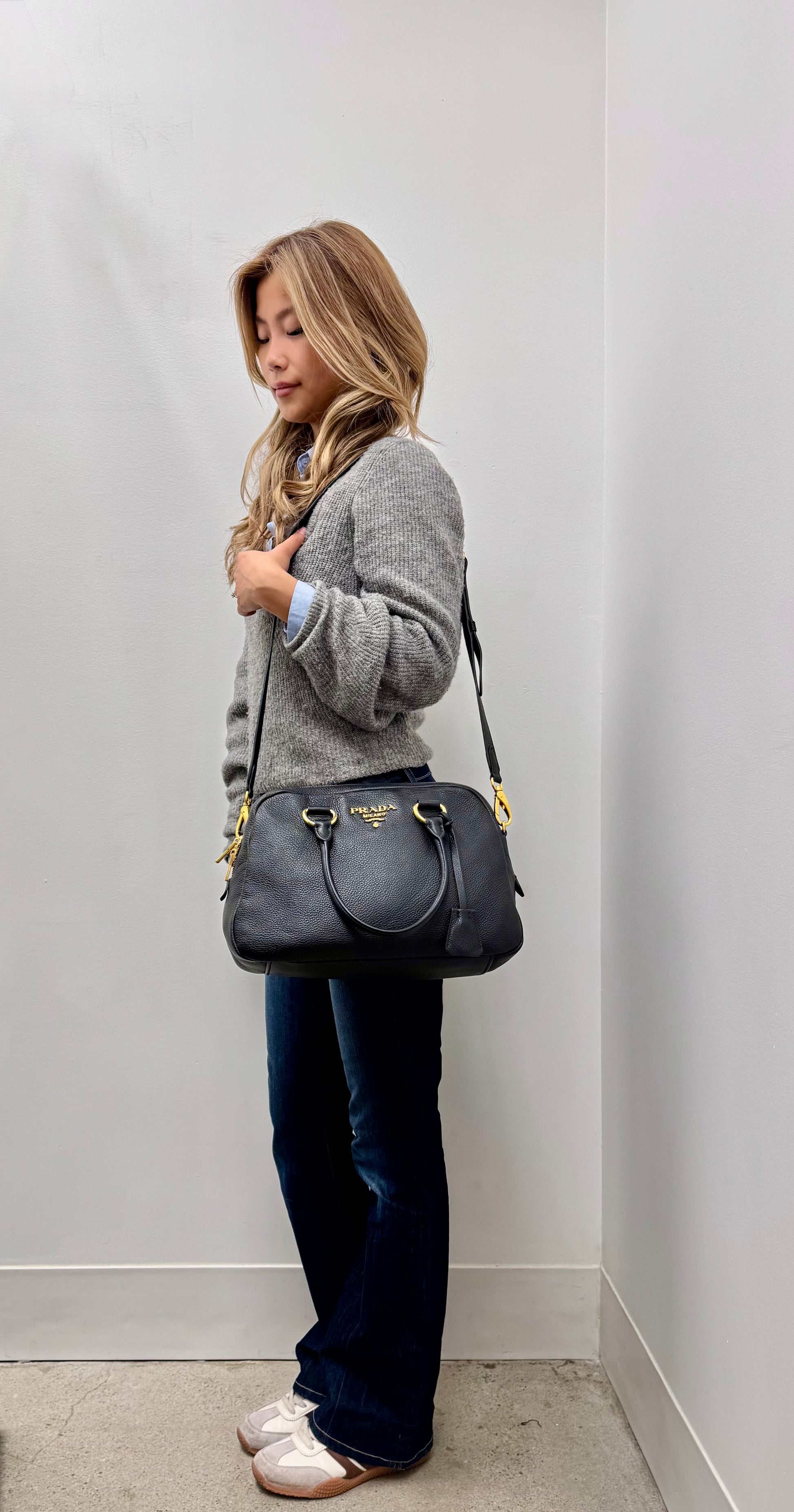Prada Vitello Daino Bowler Bag in Black Pebbled Leather with Gold Hardware
