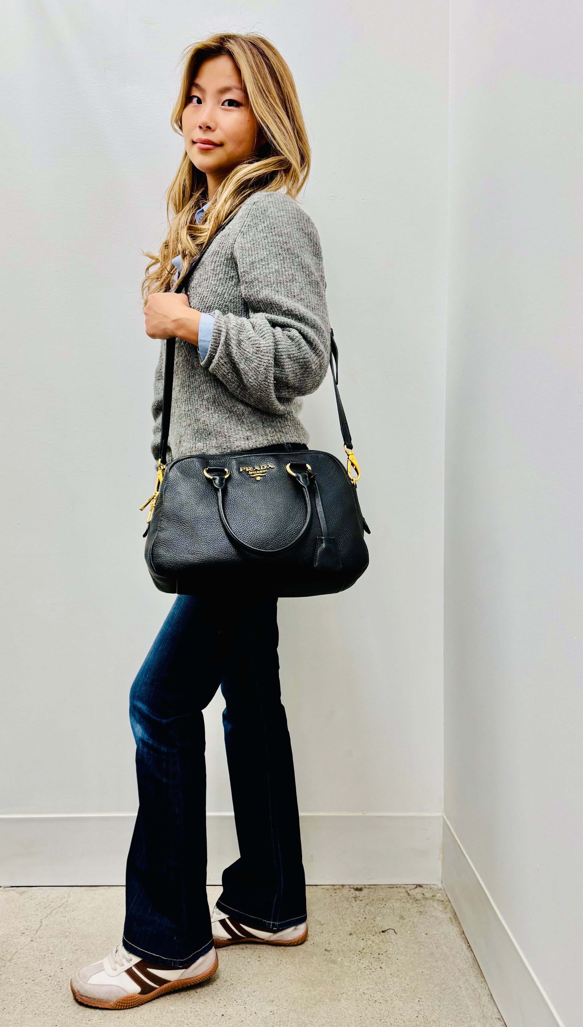 Prada Vitello Daino Bowler Bag in Black Pebbled Leather with Gold Hardware