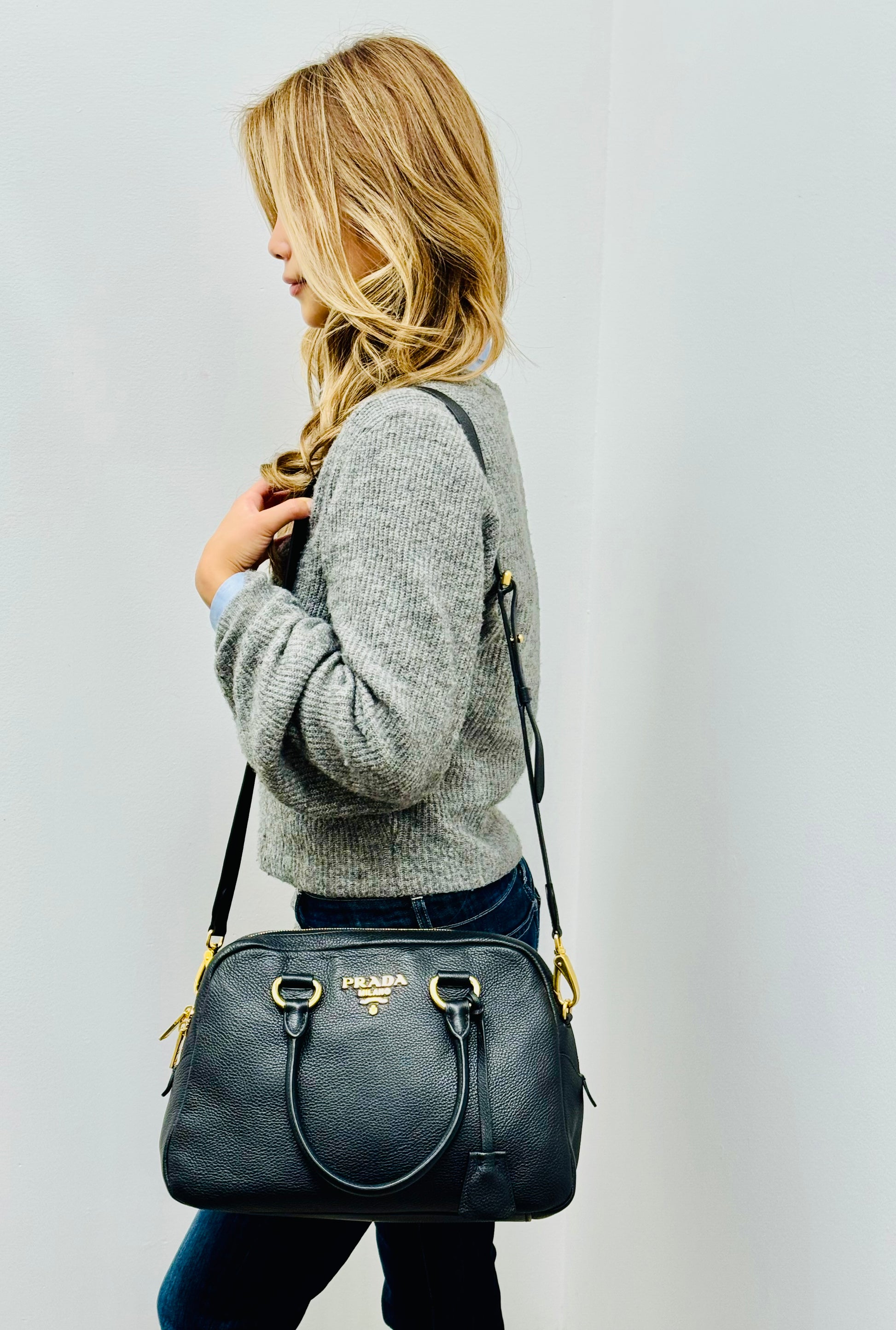Prada Vitello Daino Bowler Bag in Black Pebbled Leather with Gold Hardware