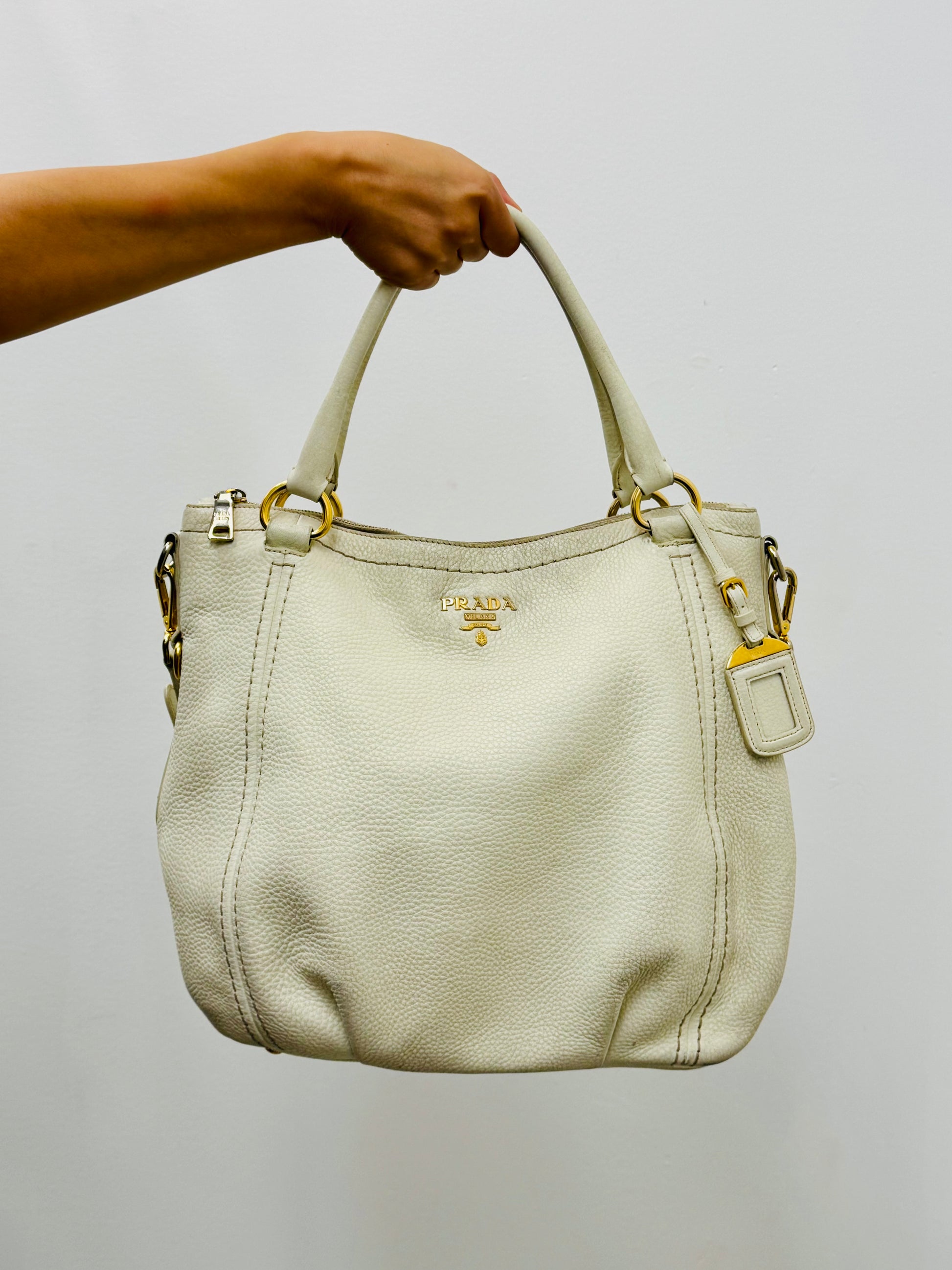 Prada Vitello Daino Convertible Zip Tote Bag in White Leather with Gold Hardware