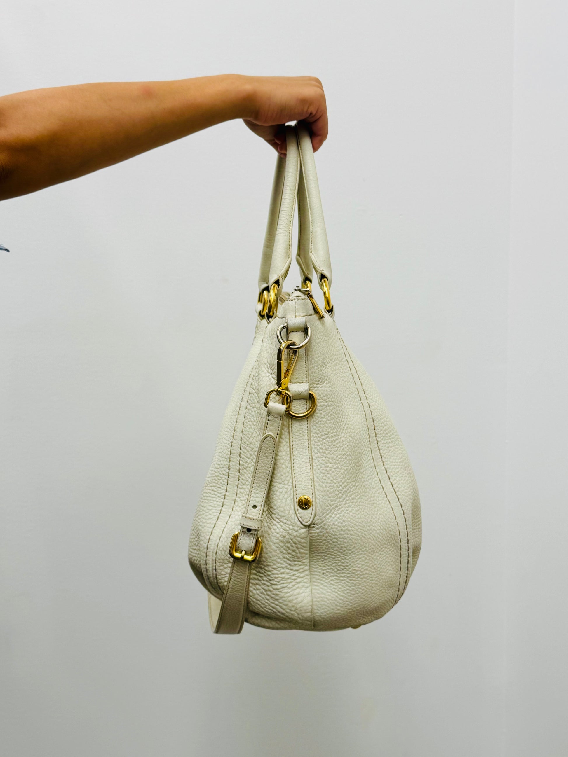 Prada Vitello Daino Convertible Zip Tote Bag in White Leather with Gold Hardware