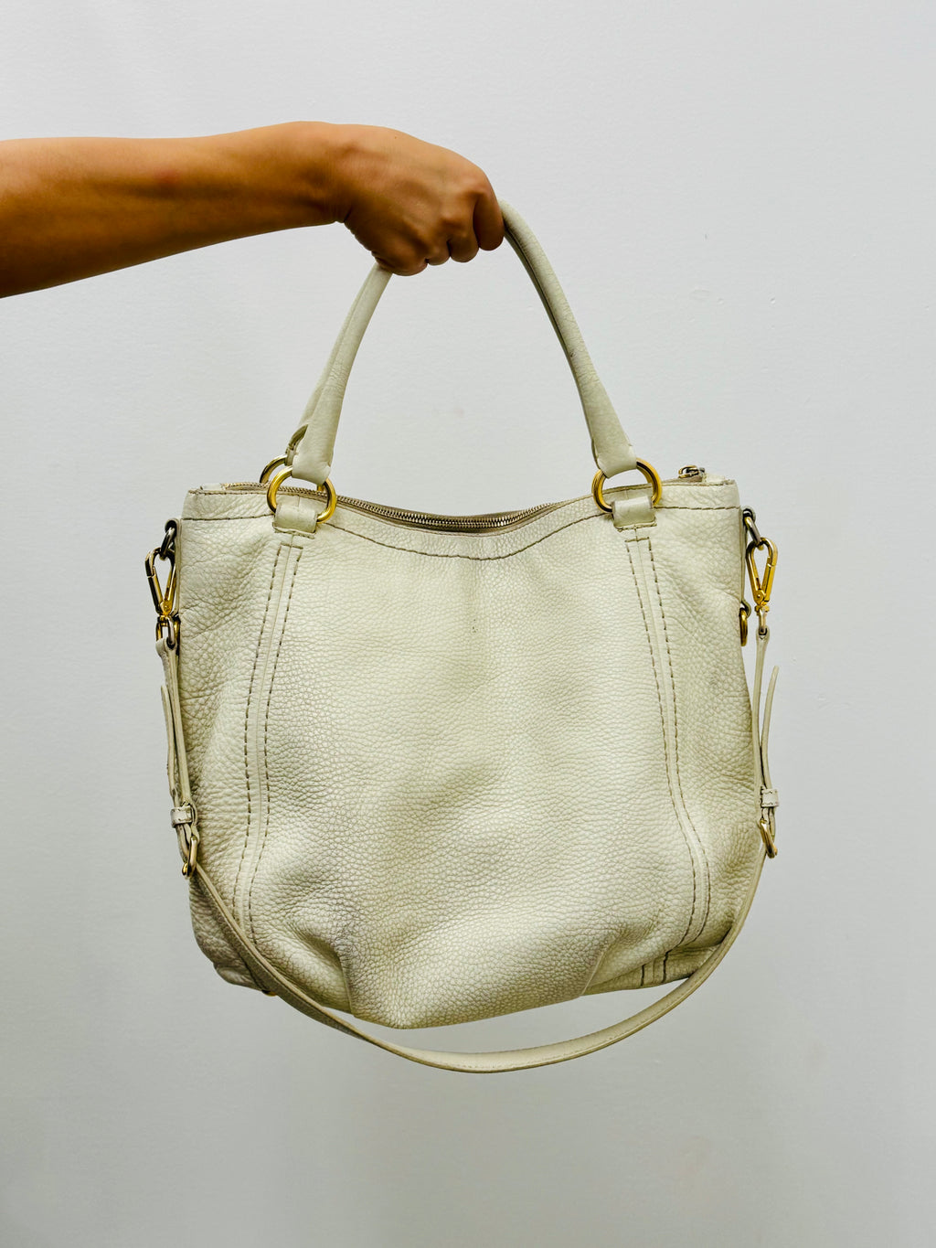 Prada Vitello Daino Convertible Zip Tote Bag in White Leather with Gold Hardware