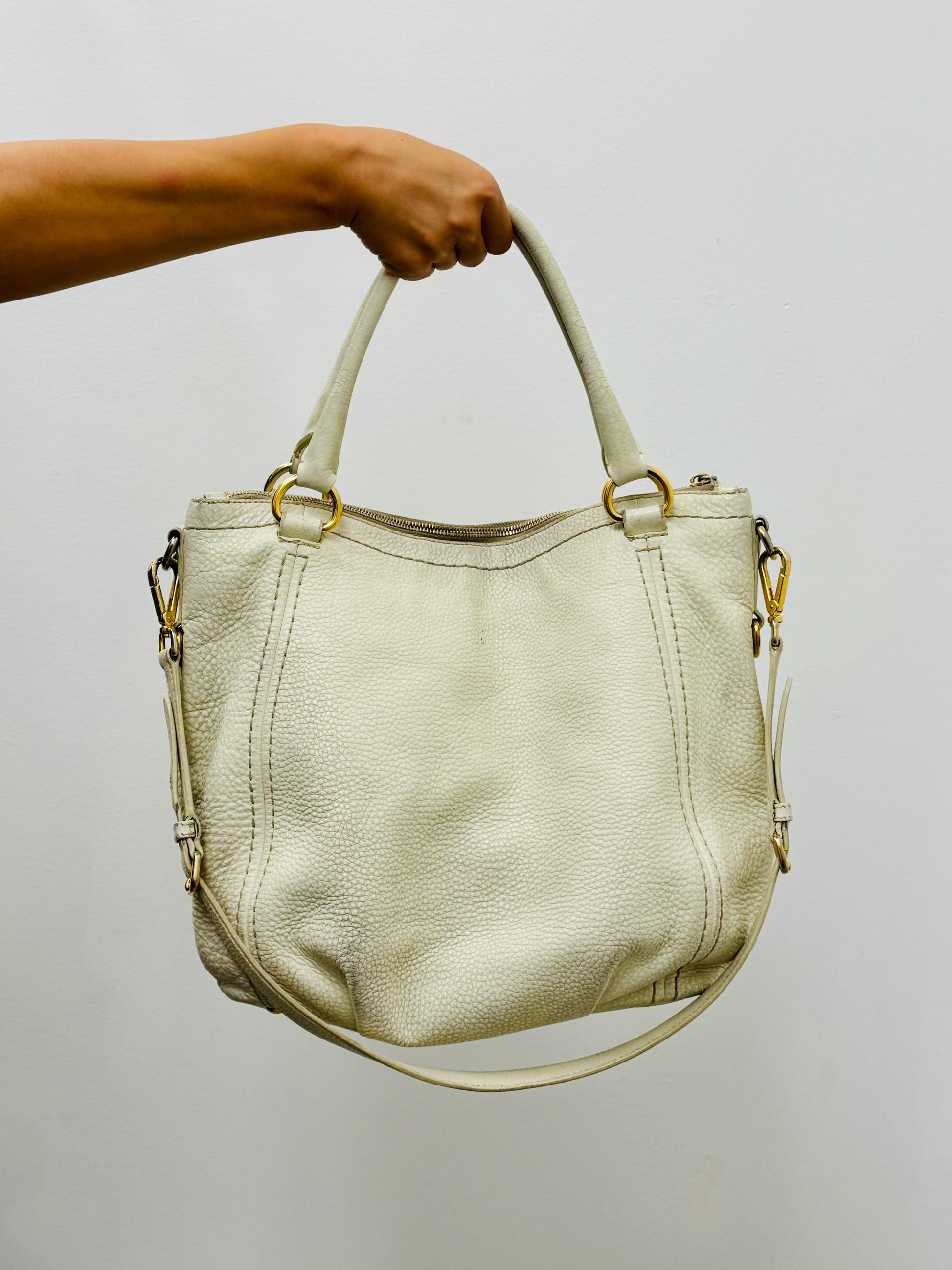 Prada Vitello Daino Convertible Zip Tote Bag in White Leather with Gold Hardware