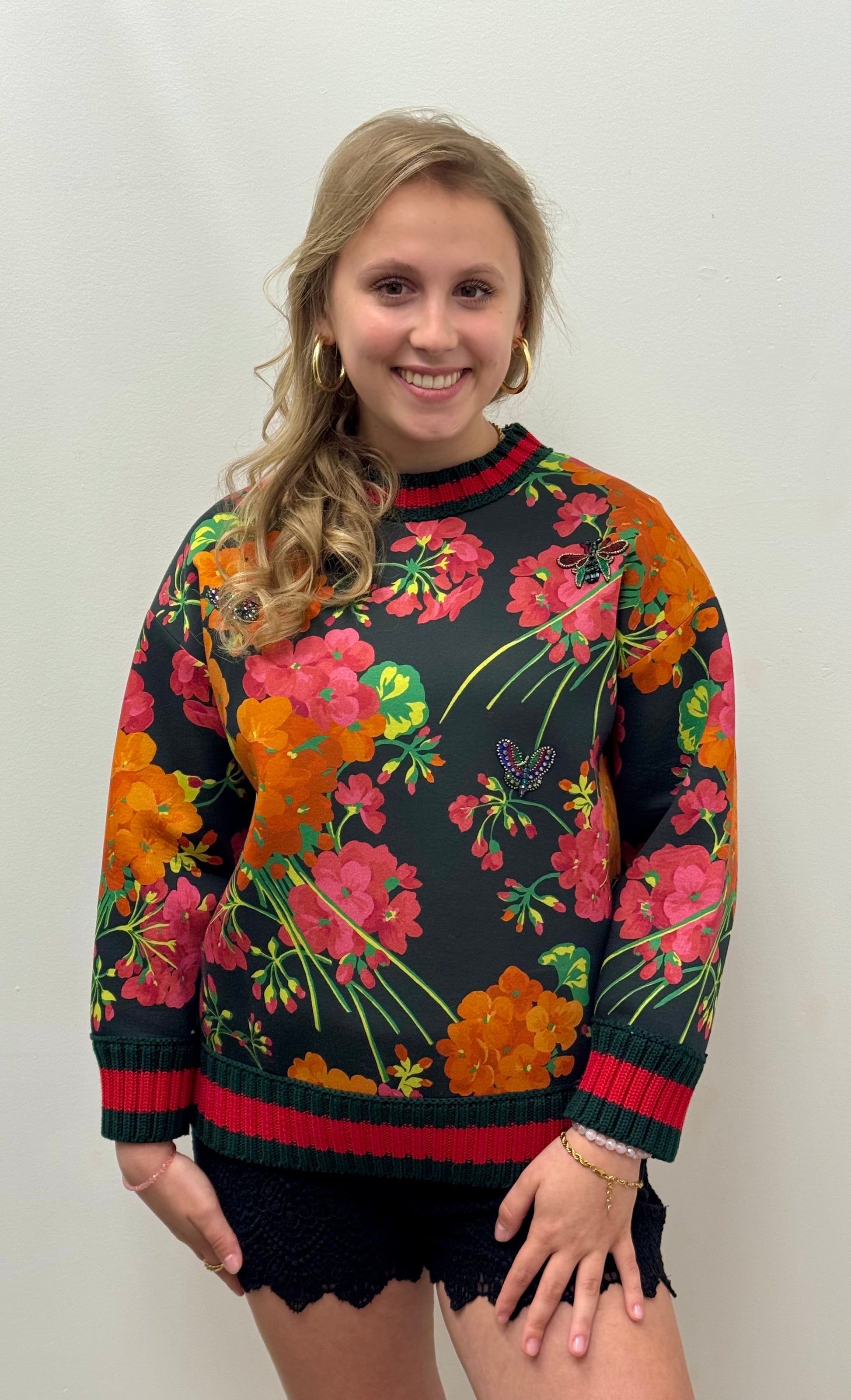 Gucci Floral Print Cotton Sweatshirt with Web Trim