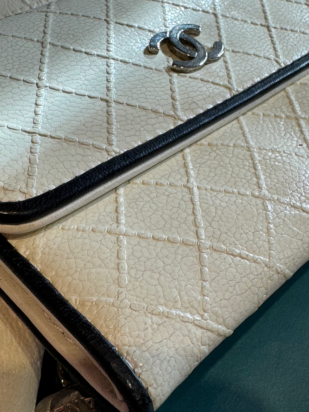 Chanel Cream Caviar Quilted Long Bifold Wallet with Black Trim