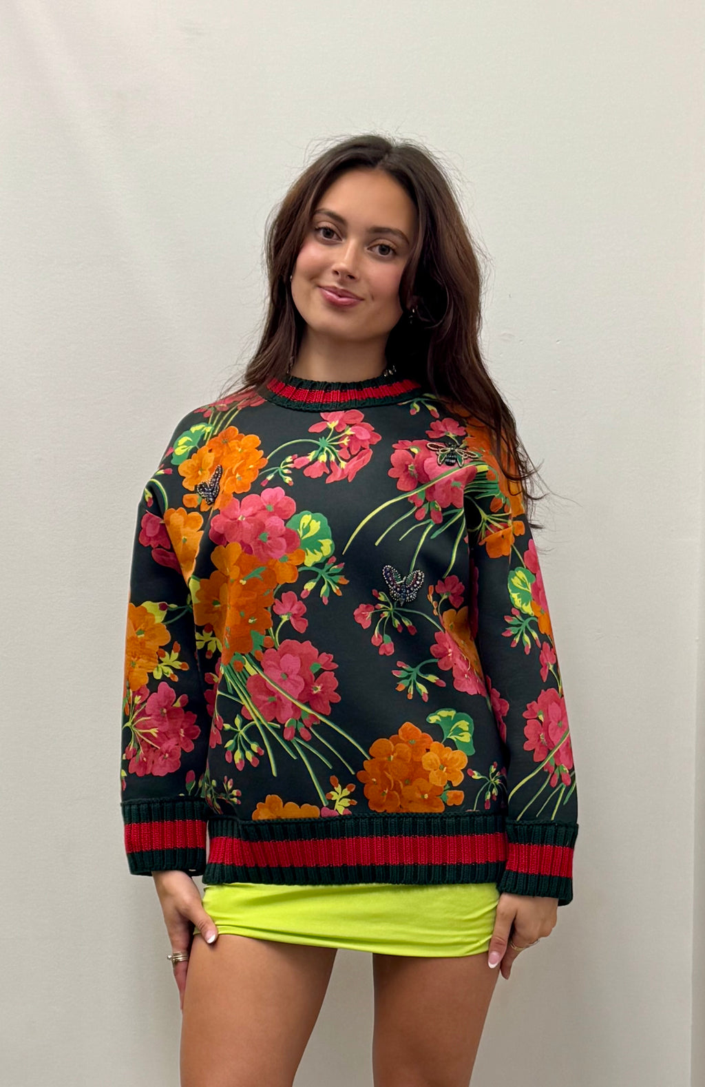 Gucci Floral Print Cotton Sweatshirt with Web Trim