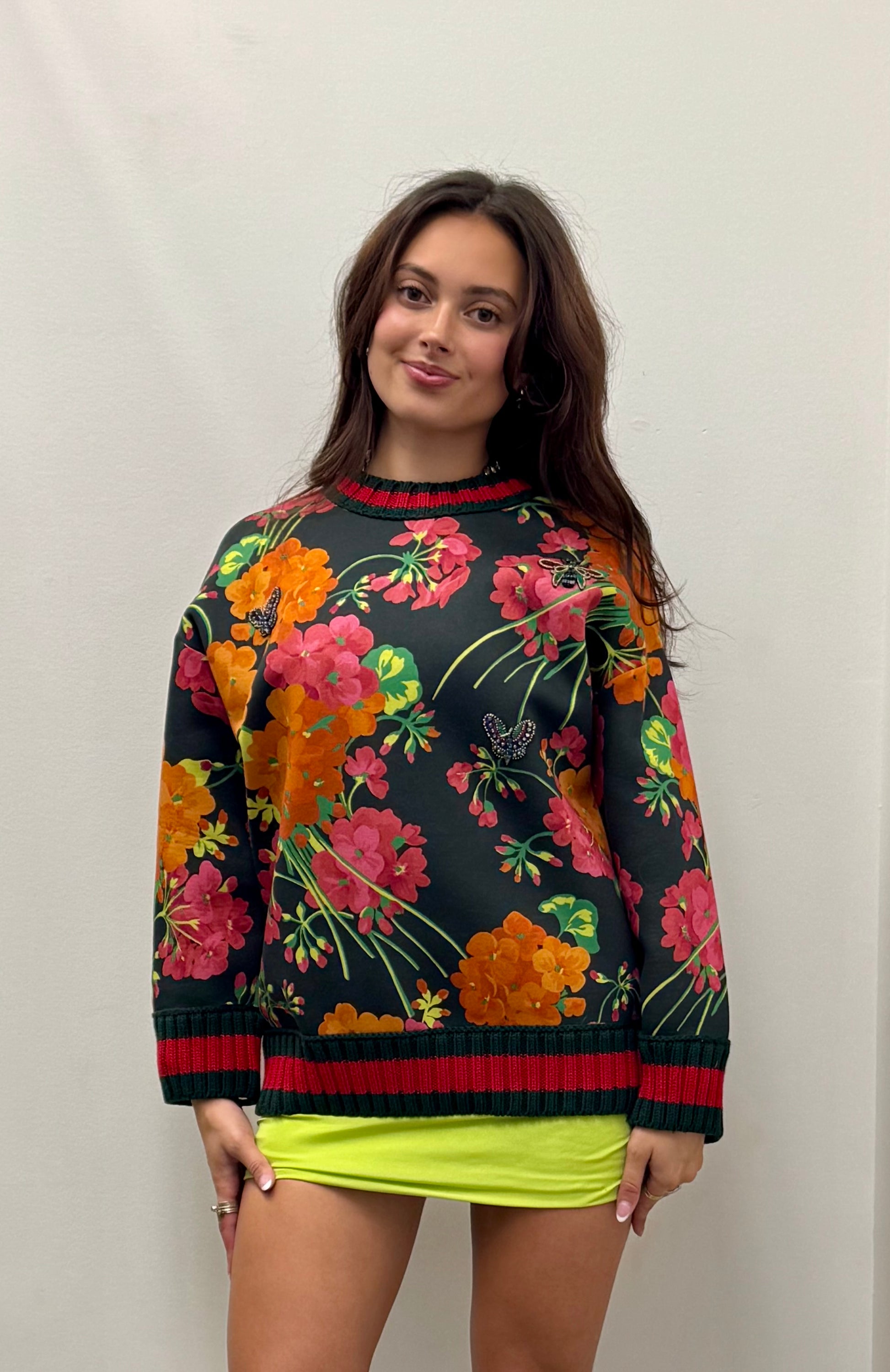 Gucci Floral Print Cotton Sweatshirt with Web Trim