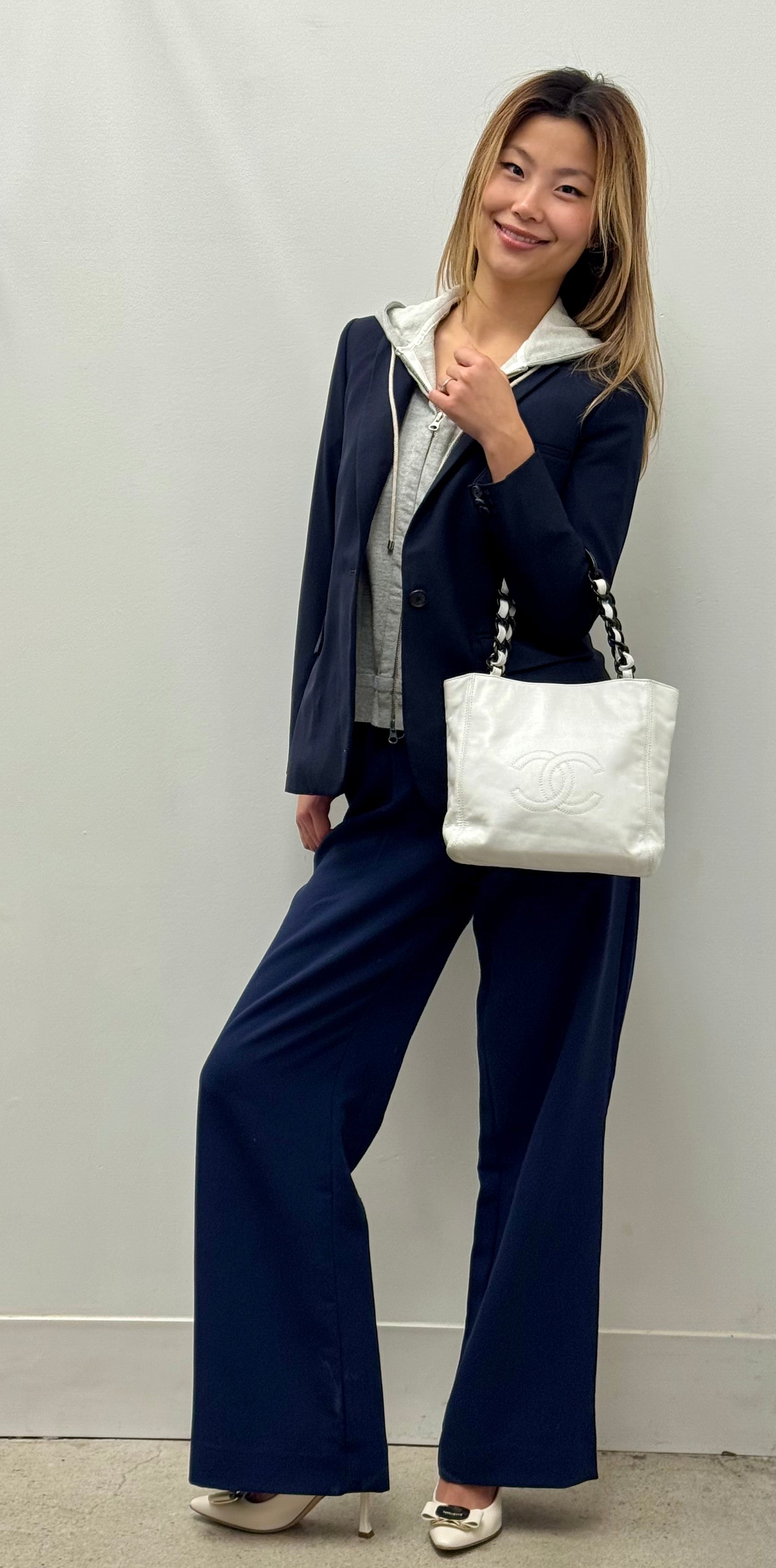 Chanel Vintage White Leather Tote with Black & White Resin Chain Handle