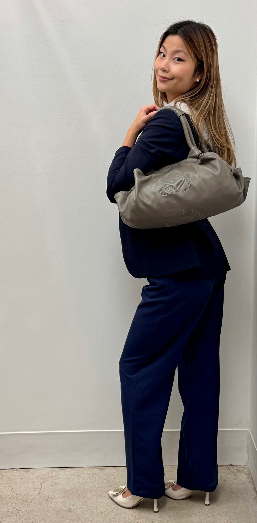 Loewe Grey Nappa Aire Leather Bag with Embossed Anagram Logo