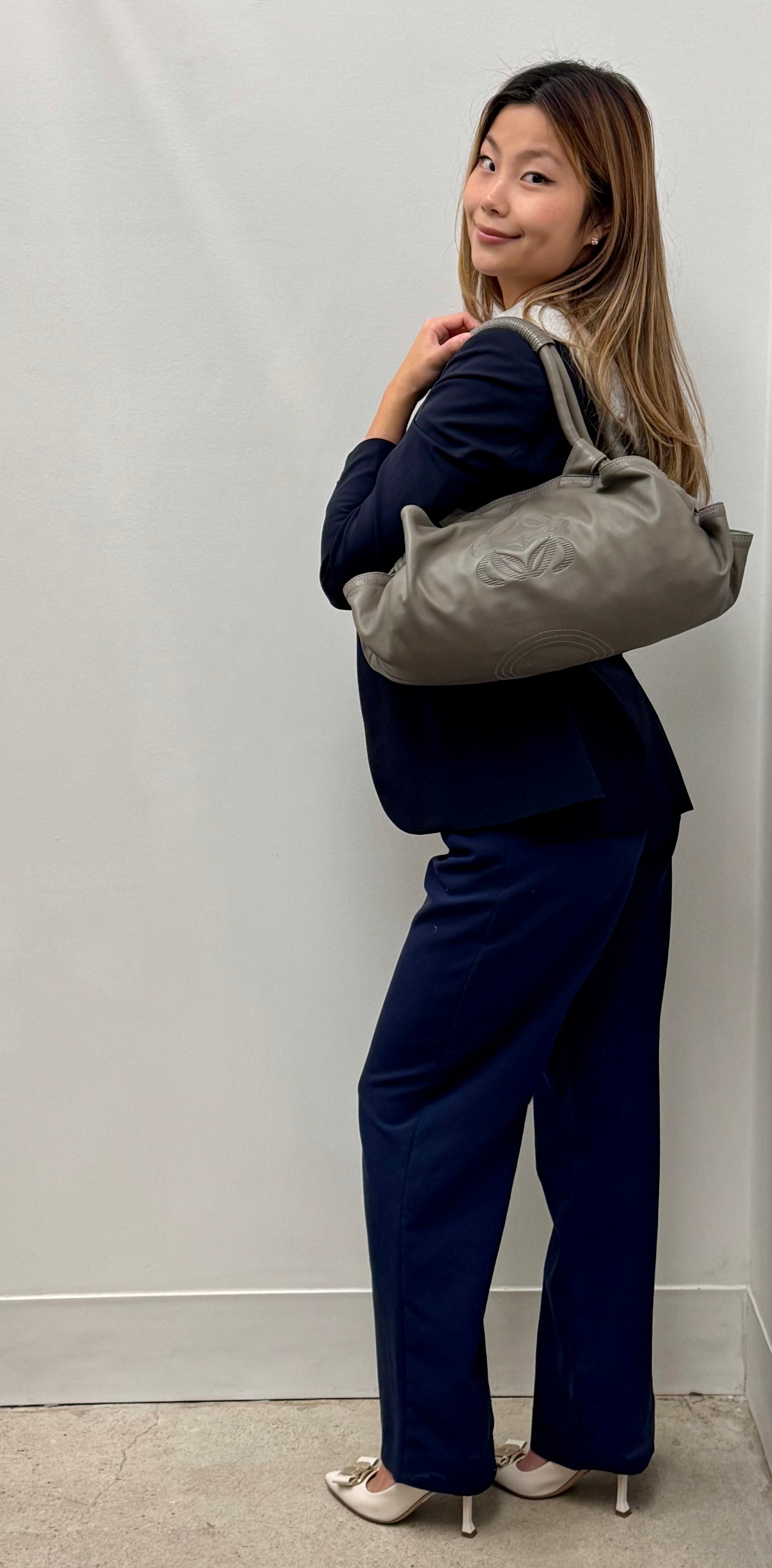 Loewe Grey Nappa Aire Leather Bag with Embossed Anagram Logo