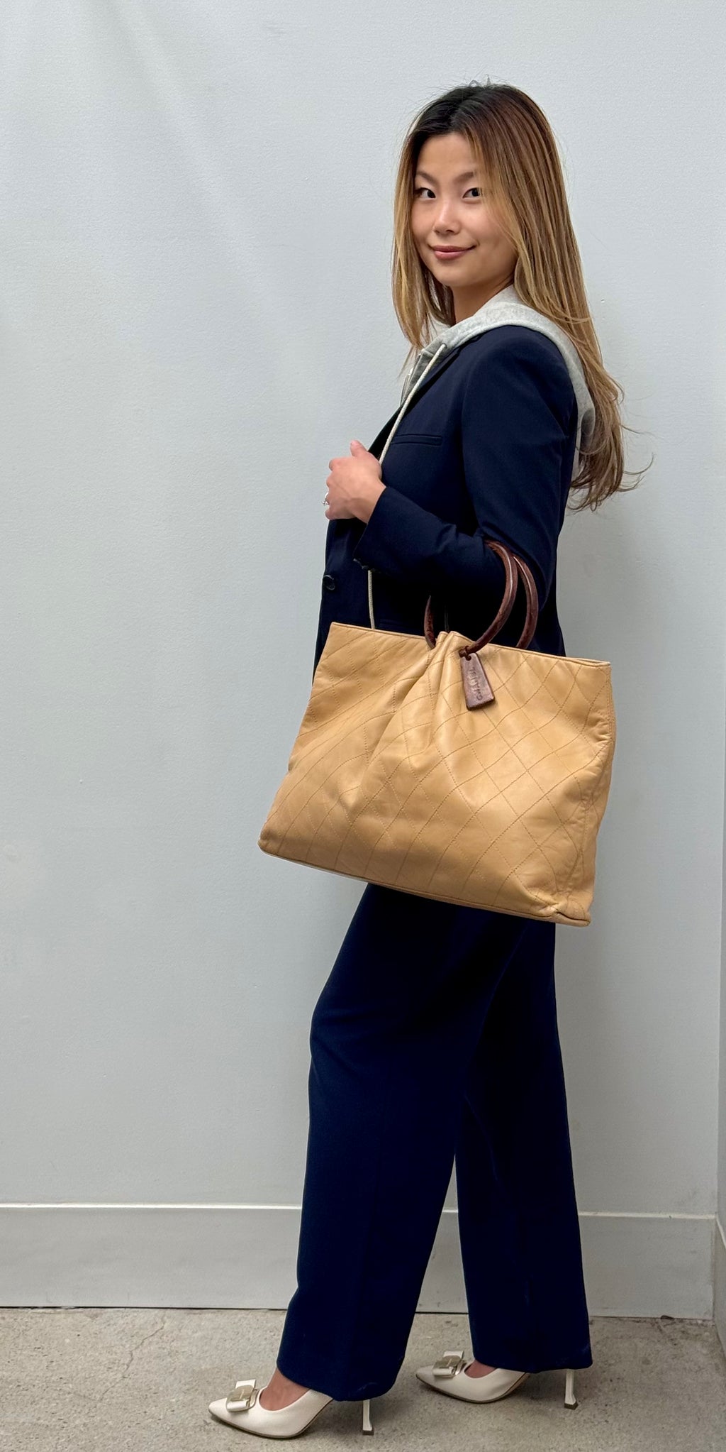 Chanel Vintage Beige Quilted Leather Tote with Wood Handles