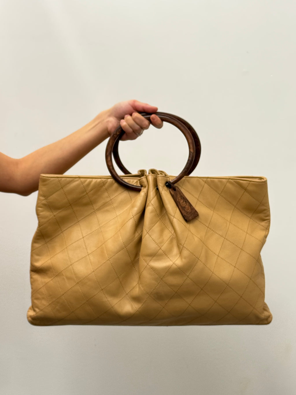 Chanel Vintage Beige Quilted Leather Tote with Wood Handles