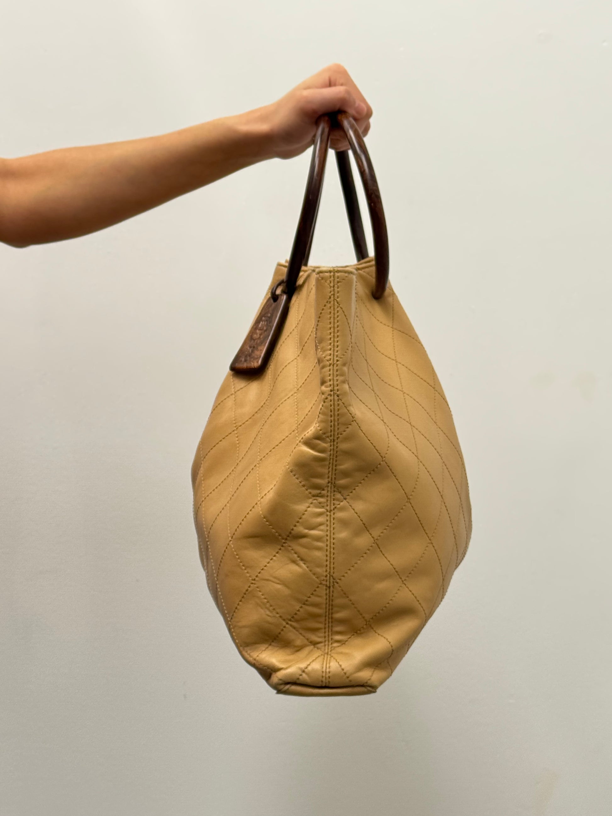 Chanel Vintage Beige Quilted Leather Tote with Wood Handles