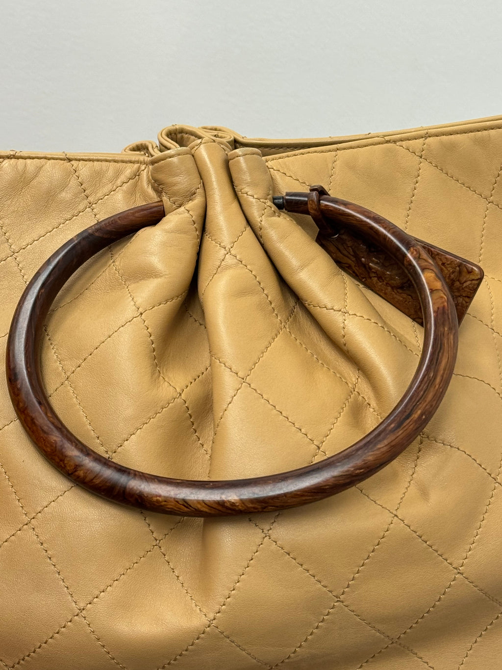Chanel Vintage Beige Quilted Leather Tote with Wood Handles