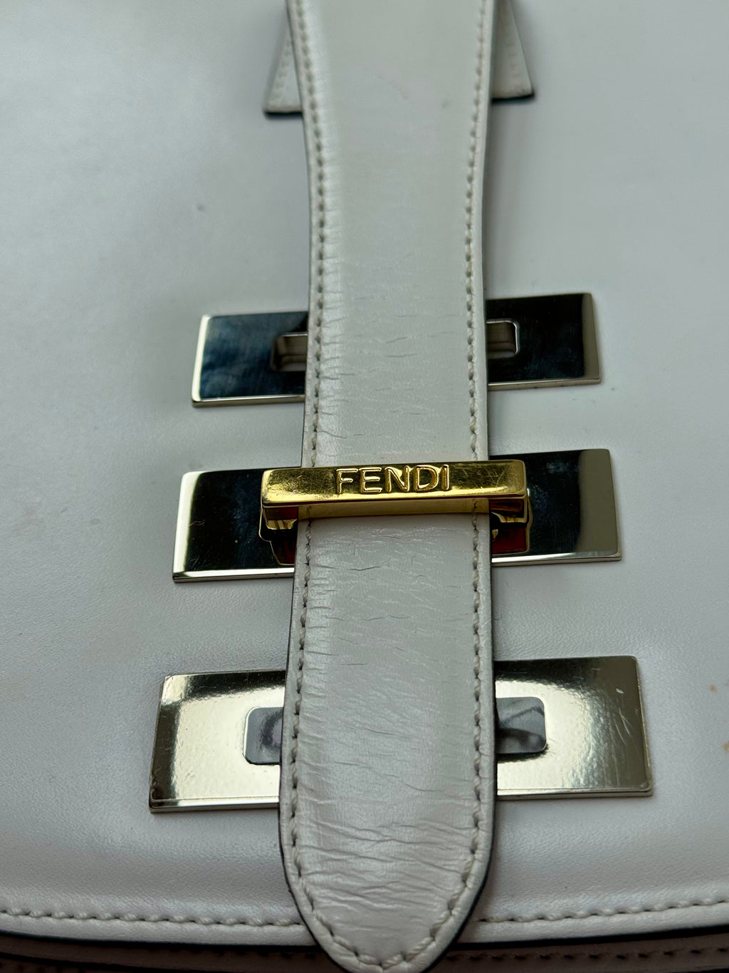 Fendi White Leather Accordion Shoulder Bag with Gold-Tone Hardware