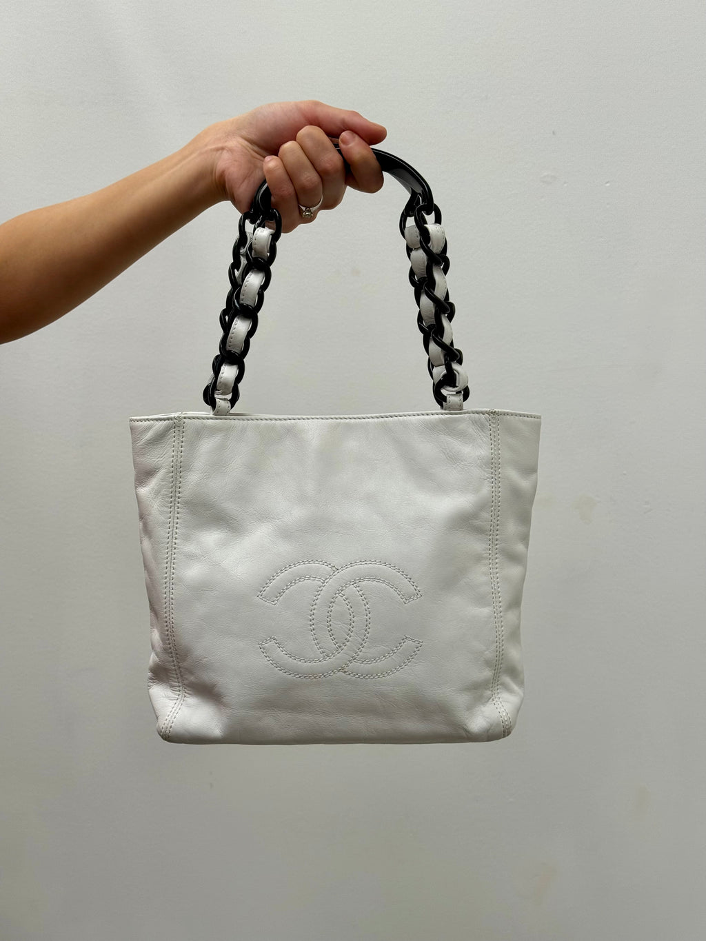 Chanel Vintage White Leather Tote with Black & White Resin Chain Handle