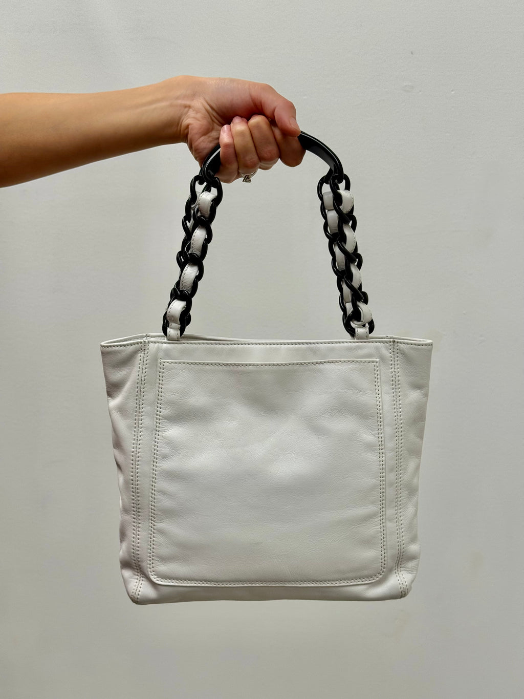 Chanel Vintage White Leather Tote with Black & White Resin Chain Handle