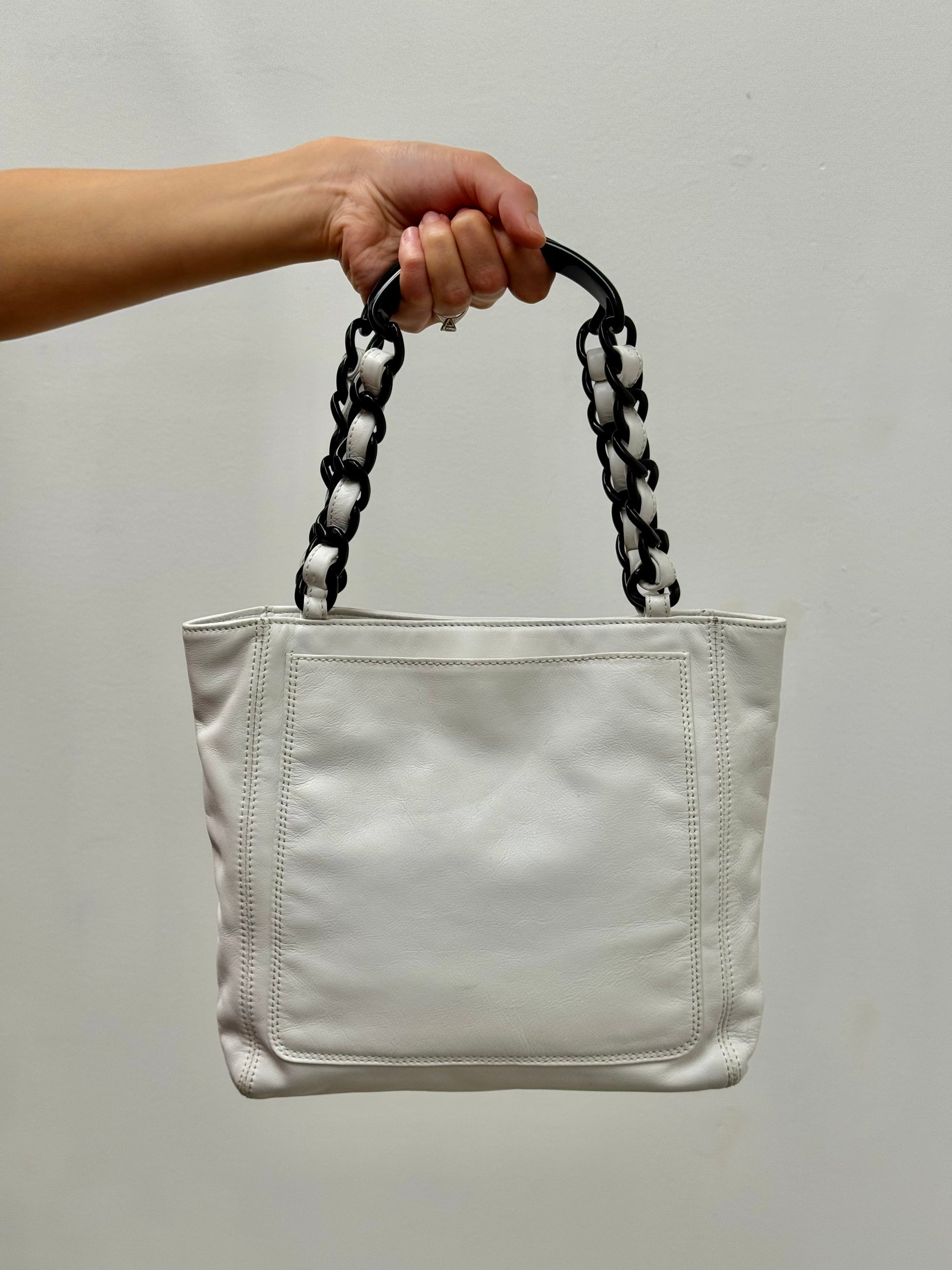 Chanel Vintage White Leather Tote with Black & White Resin Chain Handle