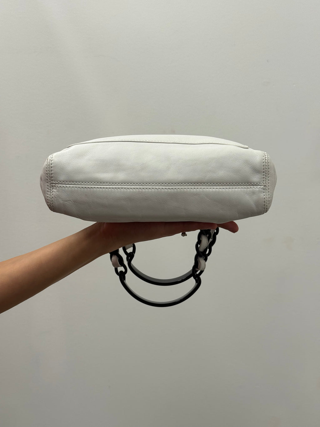 Chanel Vintage White Leather Tote with Black & White Resin Chain Handle