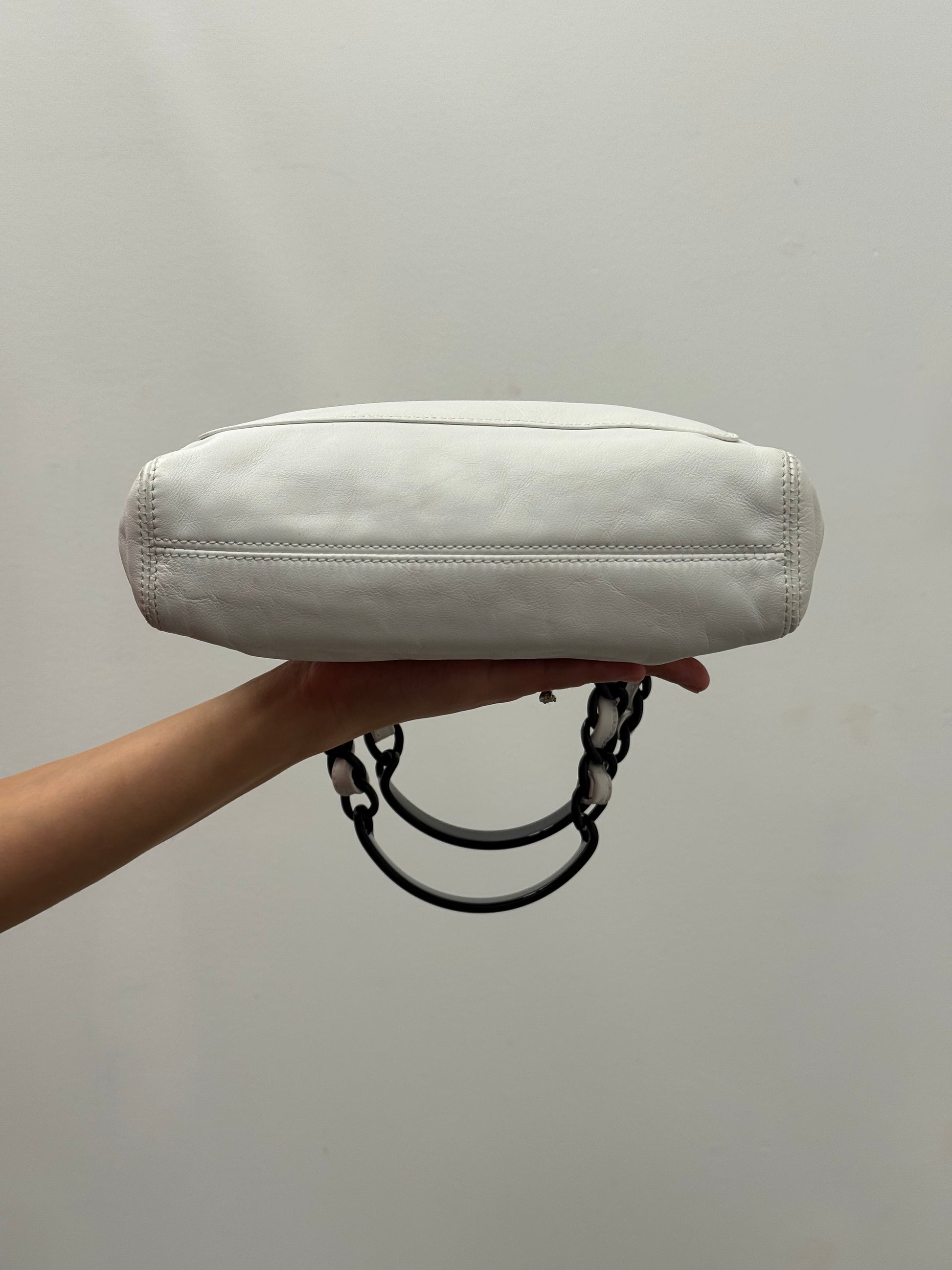 Chanel Vintage White Leather Tote with Black & White Resin Chain Handle