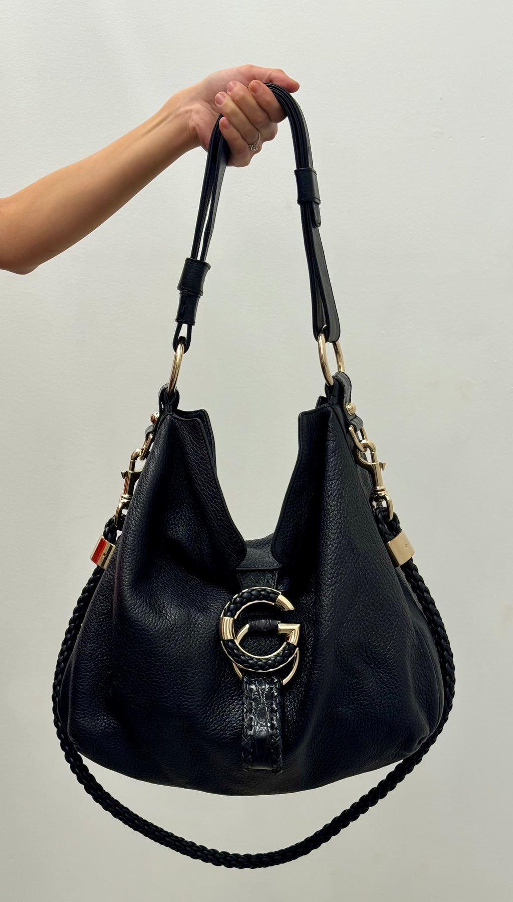 Gucci Black Pebbled Leather Braided G Hobo