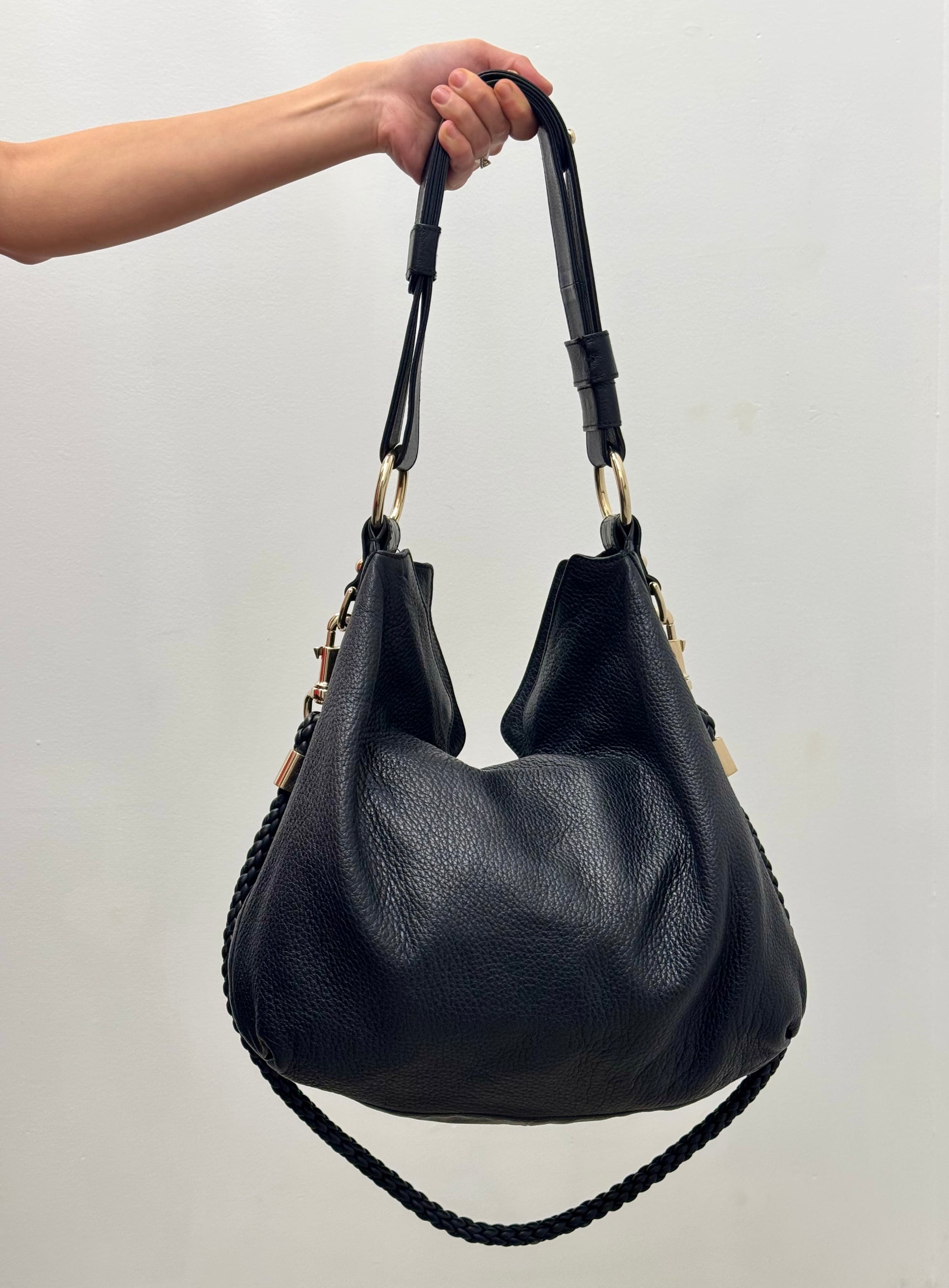 Gucci Black Pebbled Leather Braided G Hobo