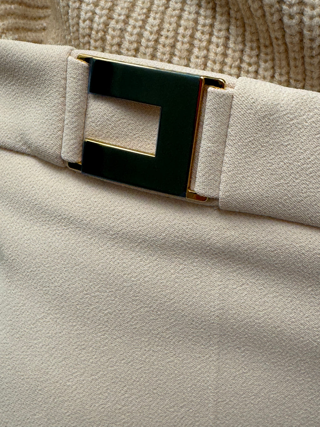 Elisabetta Franchi Cream Crepe Trousers with Logo Buckle