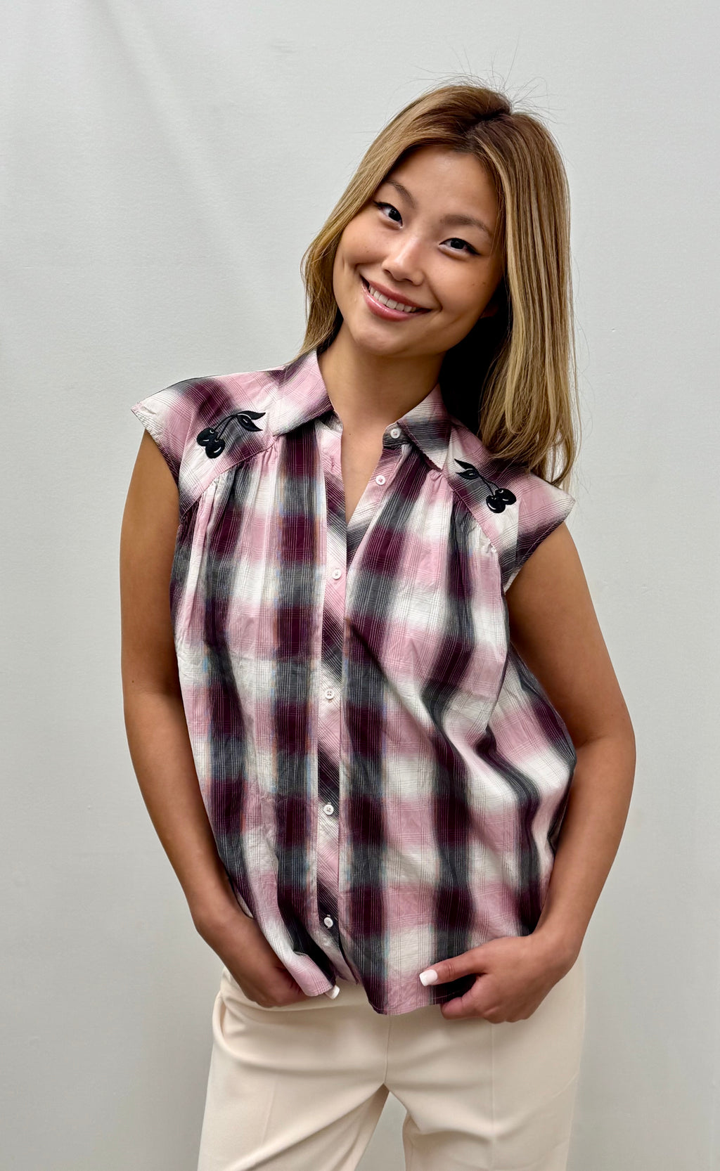 Love Moschino Sleeveless Check Western Shirt with Cherry Embroidery on the Shoulder Yokes