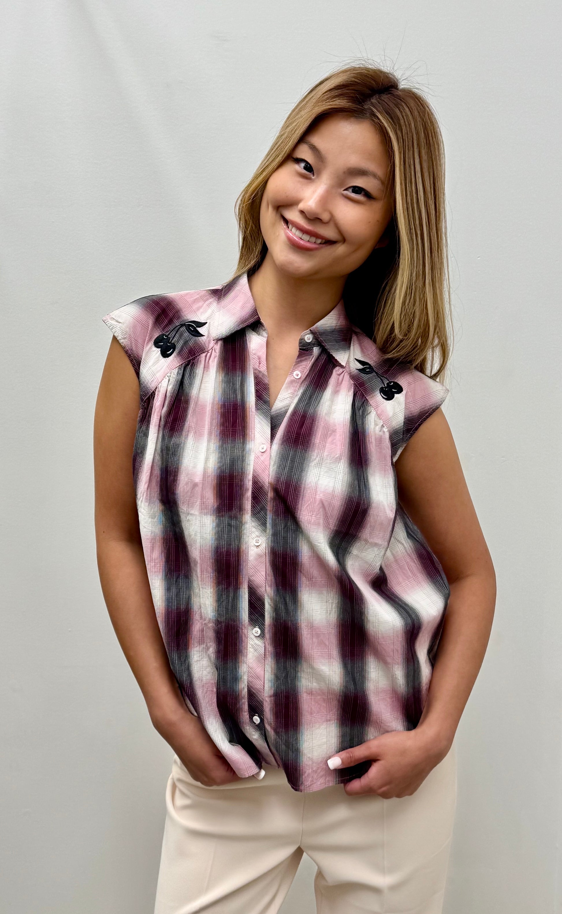Love Moschino Sleeveless Check Western Shirt with Cherry Embroidery on the Shoulder Yokes
