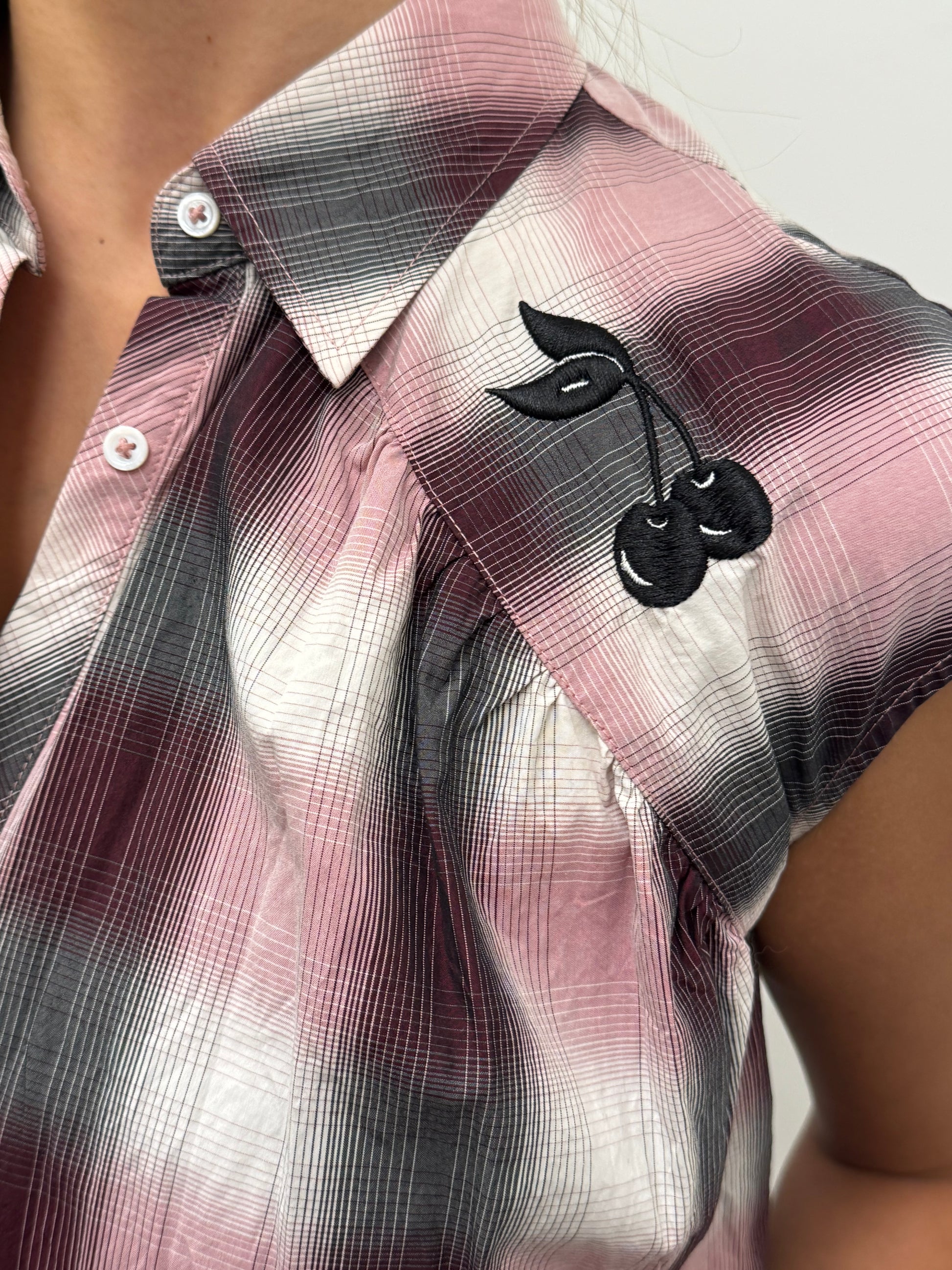 Love Moschino Sleeveless Check Western Shirt with Cherry Embroidery on the Shoulder Yokes