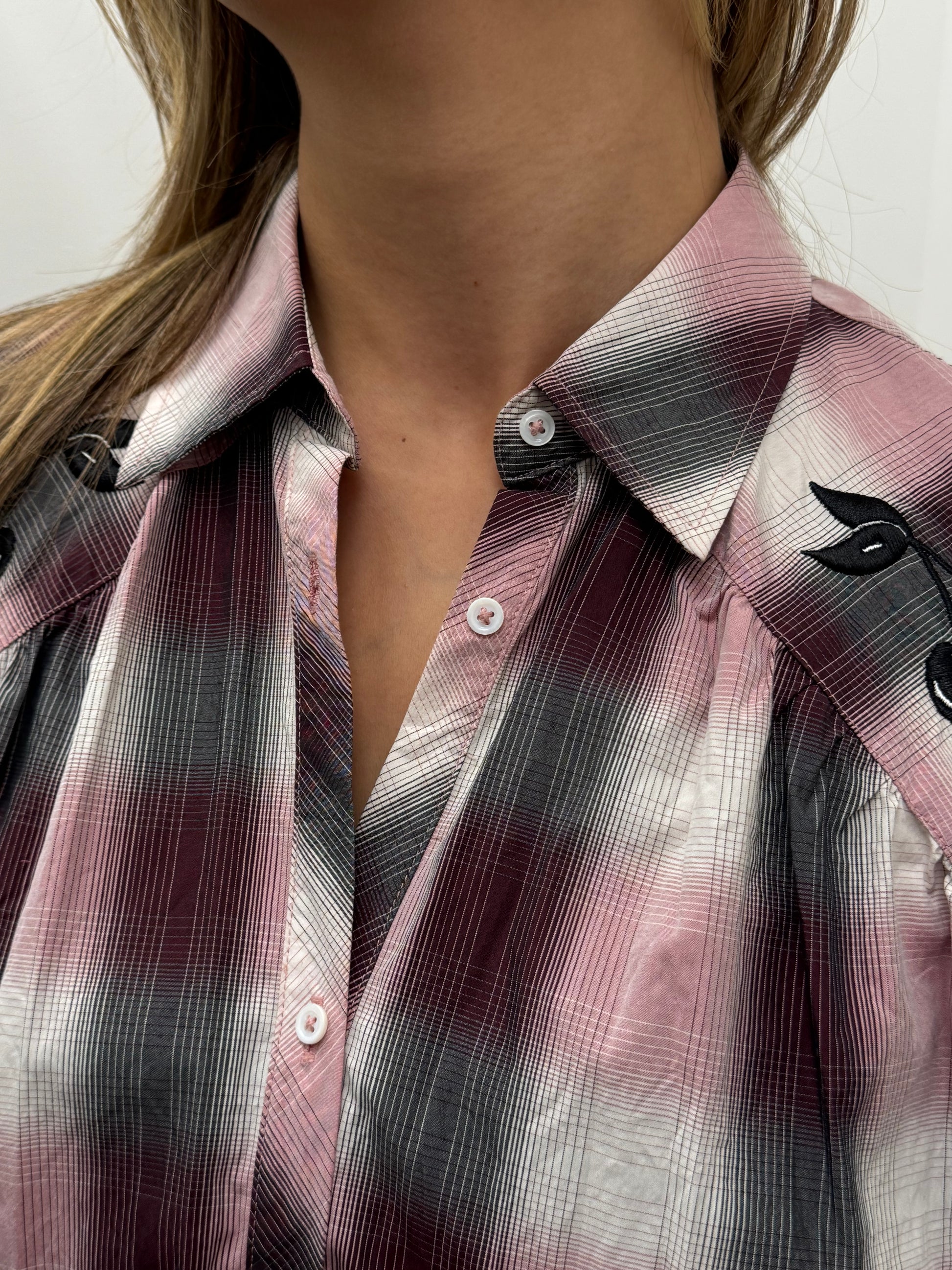Love Moschino Sleeveless Check Western Shirt with Cherry Embroidery on the Shoulder Yokes