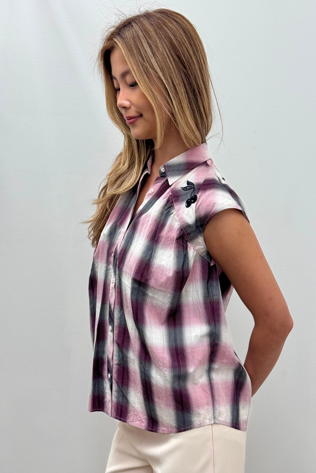 Love Moschino Sleeveless Check Western Shirt with Cherry Embroidery on the Shoulder Yokes
