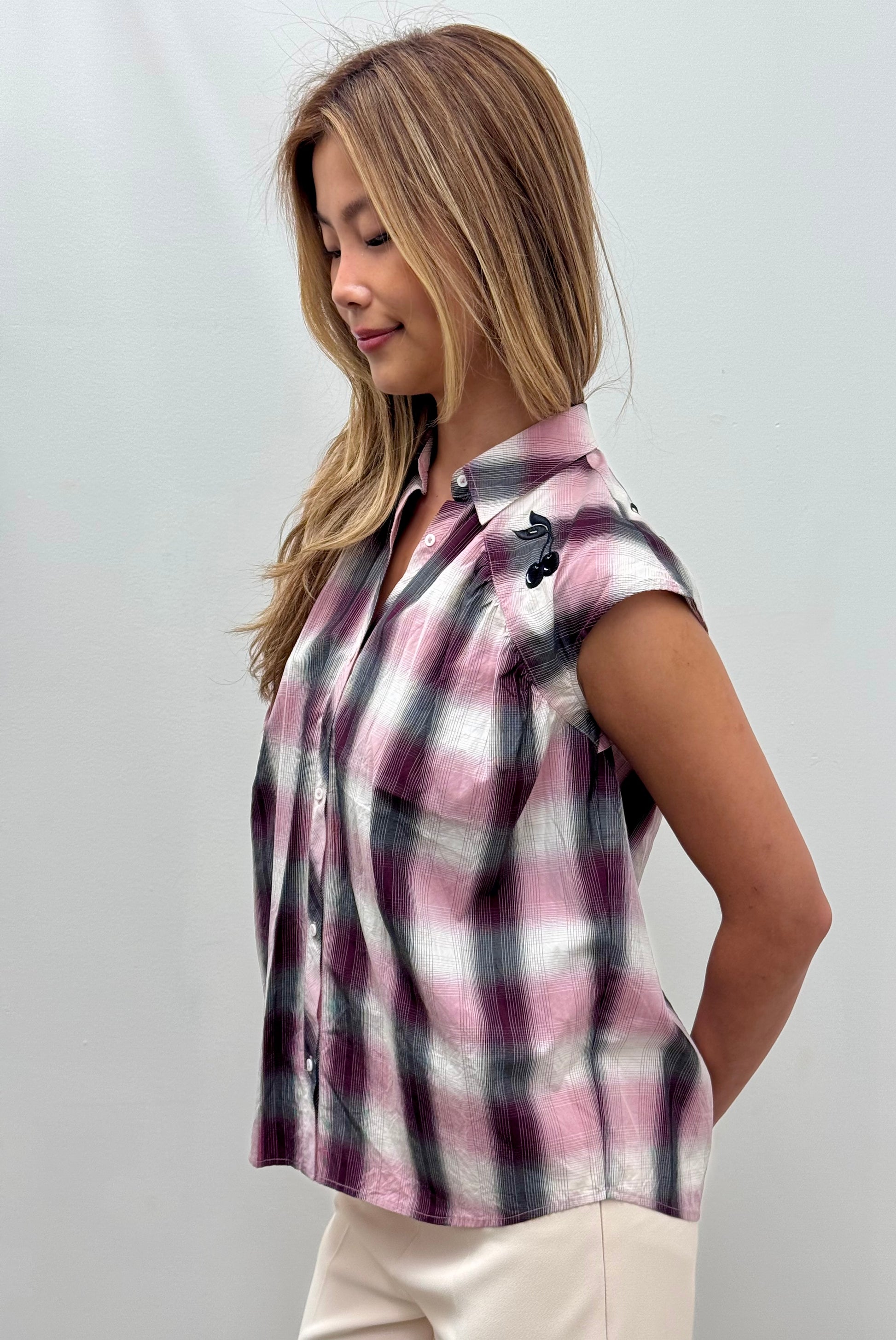 Love Moschino Sleeveless Check Western Shirt with Cherry Embroidery on the Shoulder Yokes