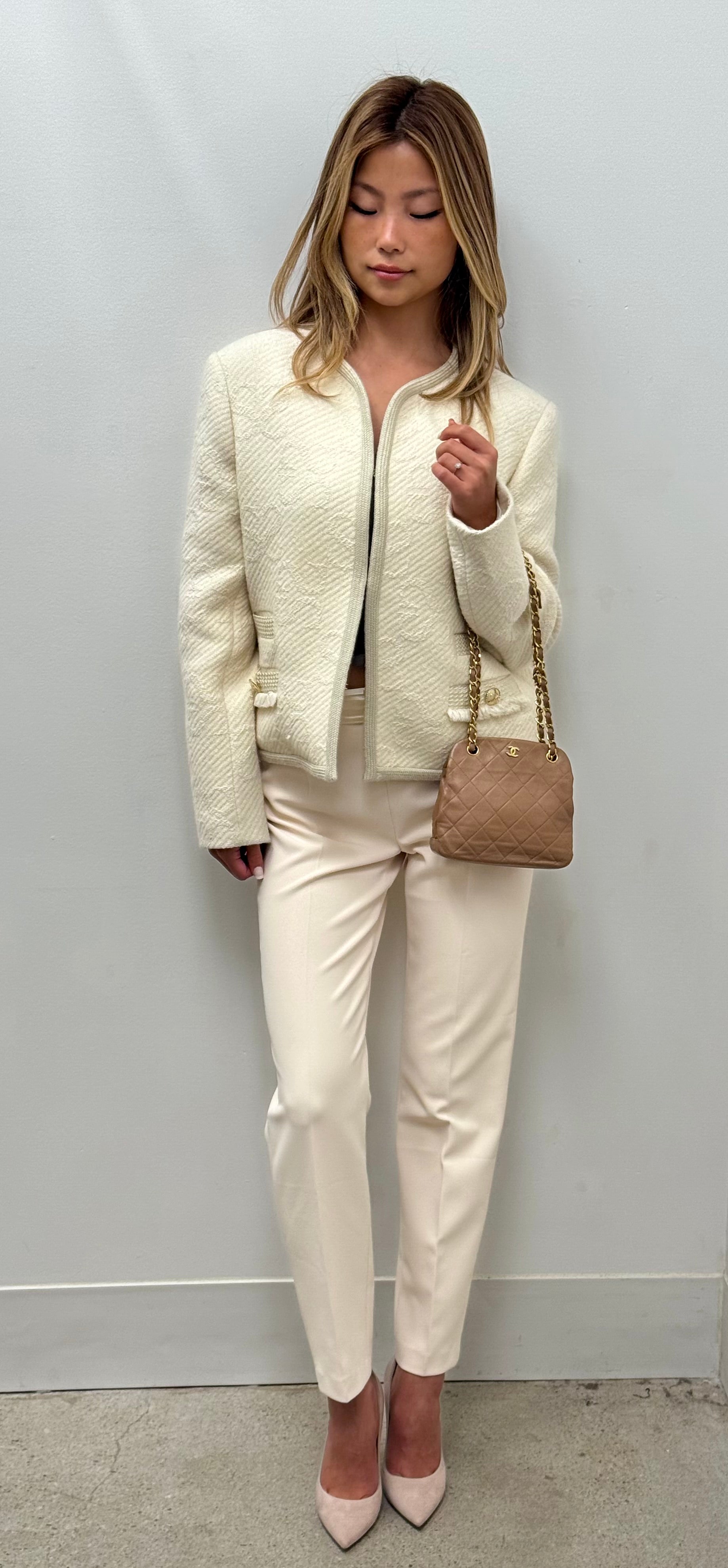 Sandro Paris Double S Monogram Ecru Tweed Jacket with Round Neck and Zip Front