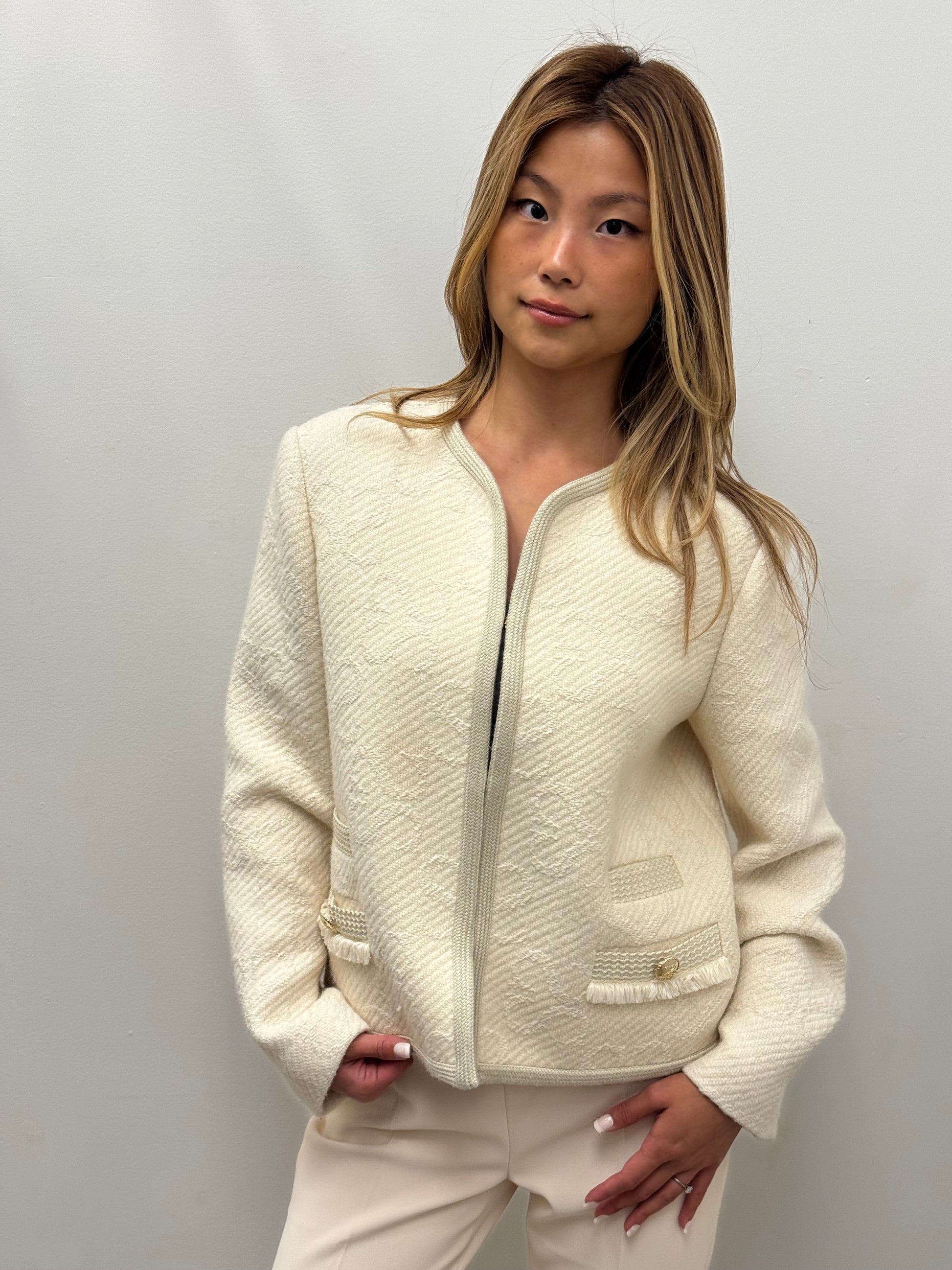 Sandro Paris Double S Monogram Ecru Tweed Jacket with Round Neck and Zip Front