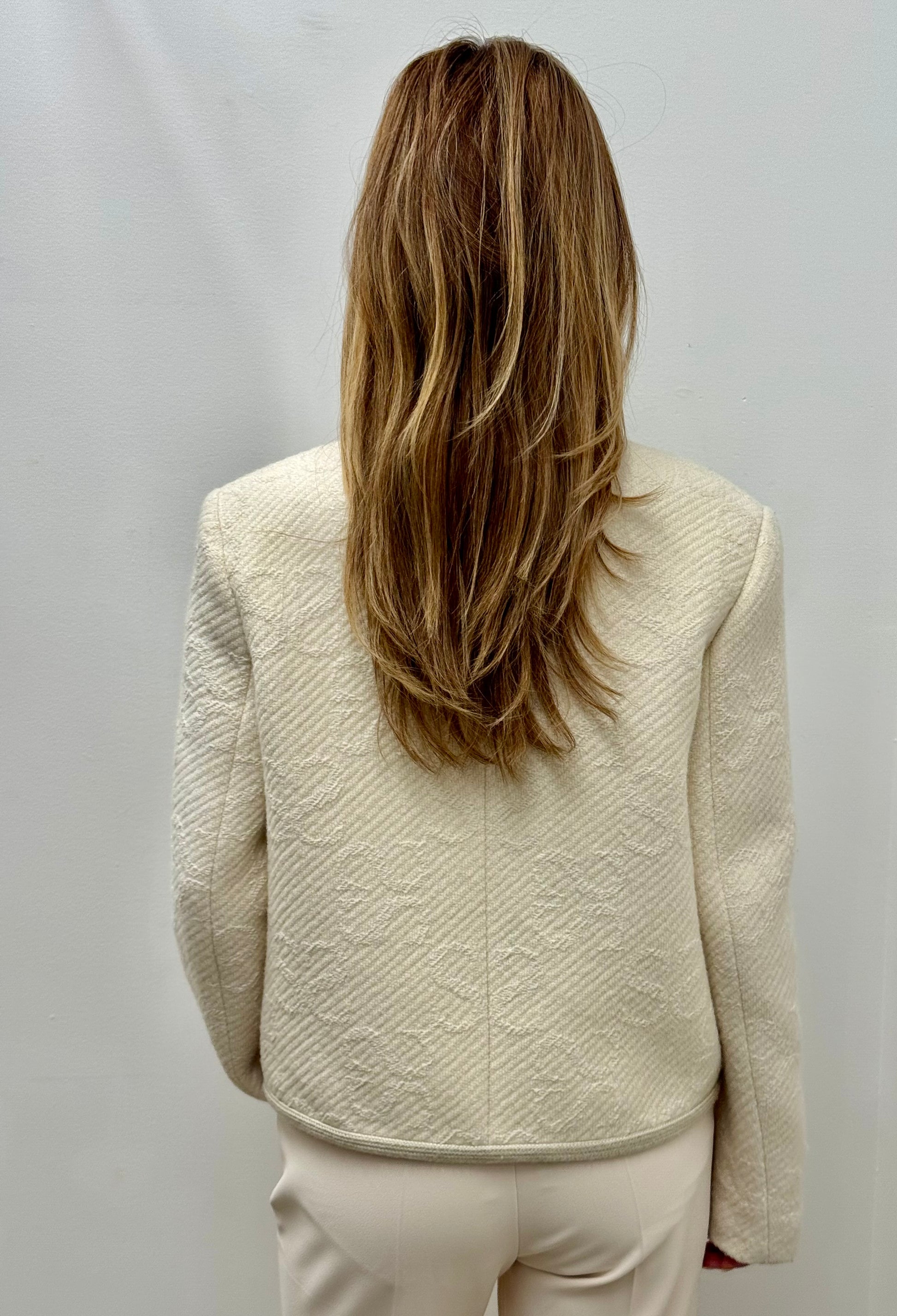 Sandro Paris Double S Monogram Ecru Tweed Jacket with Round Neck and Zip Front