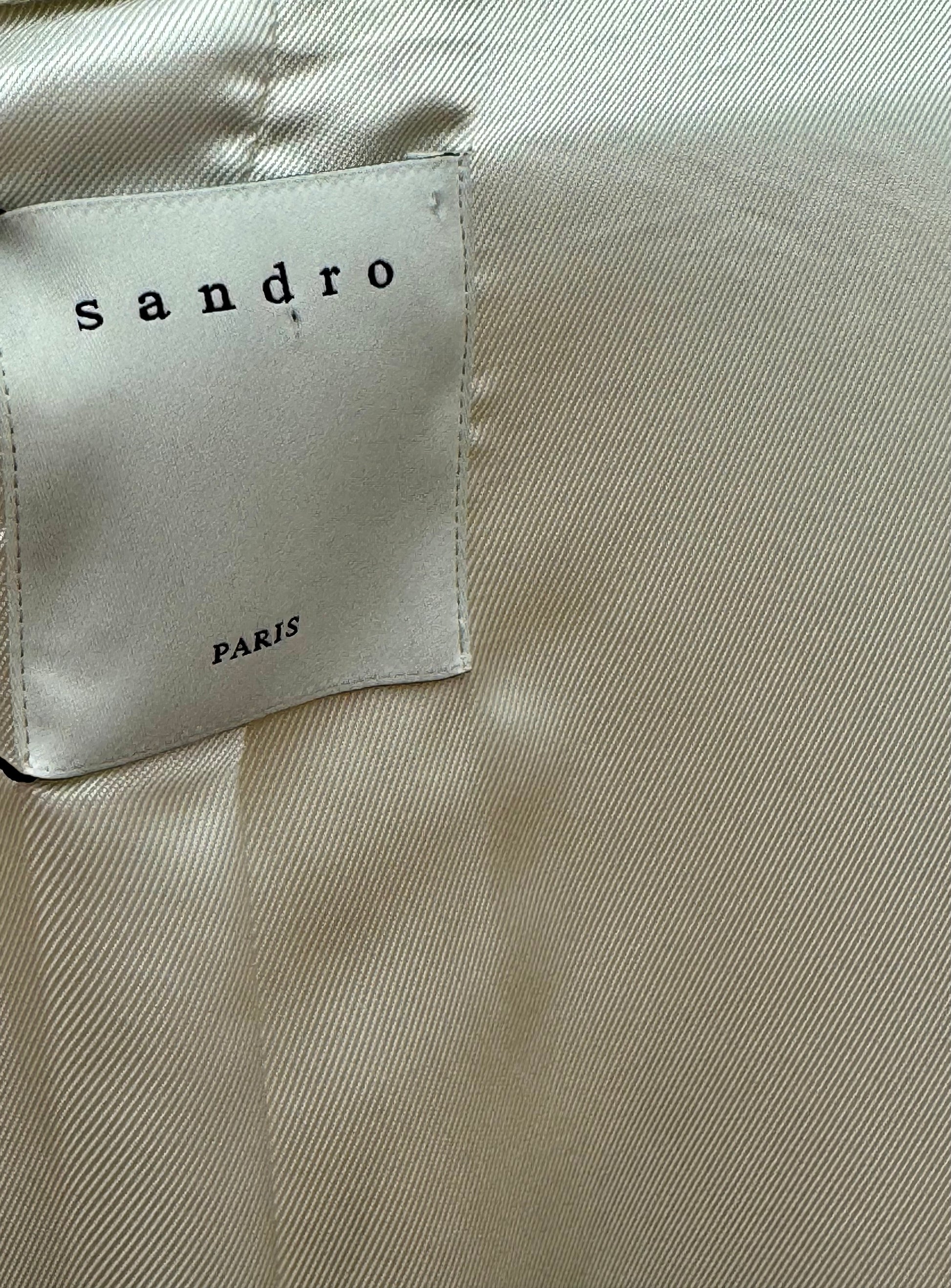 Sandro Paris Double S Monogram Ecru Tweed Jacket with Round Neck and Zip Front