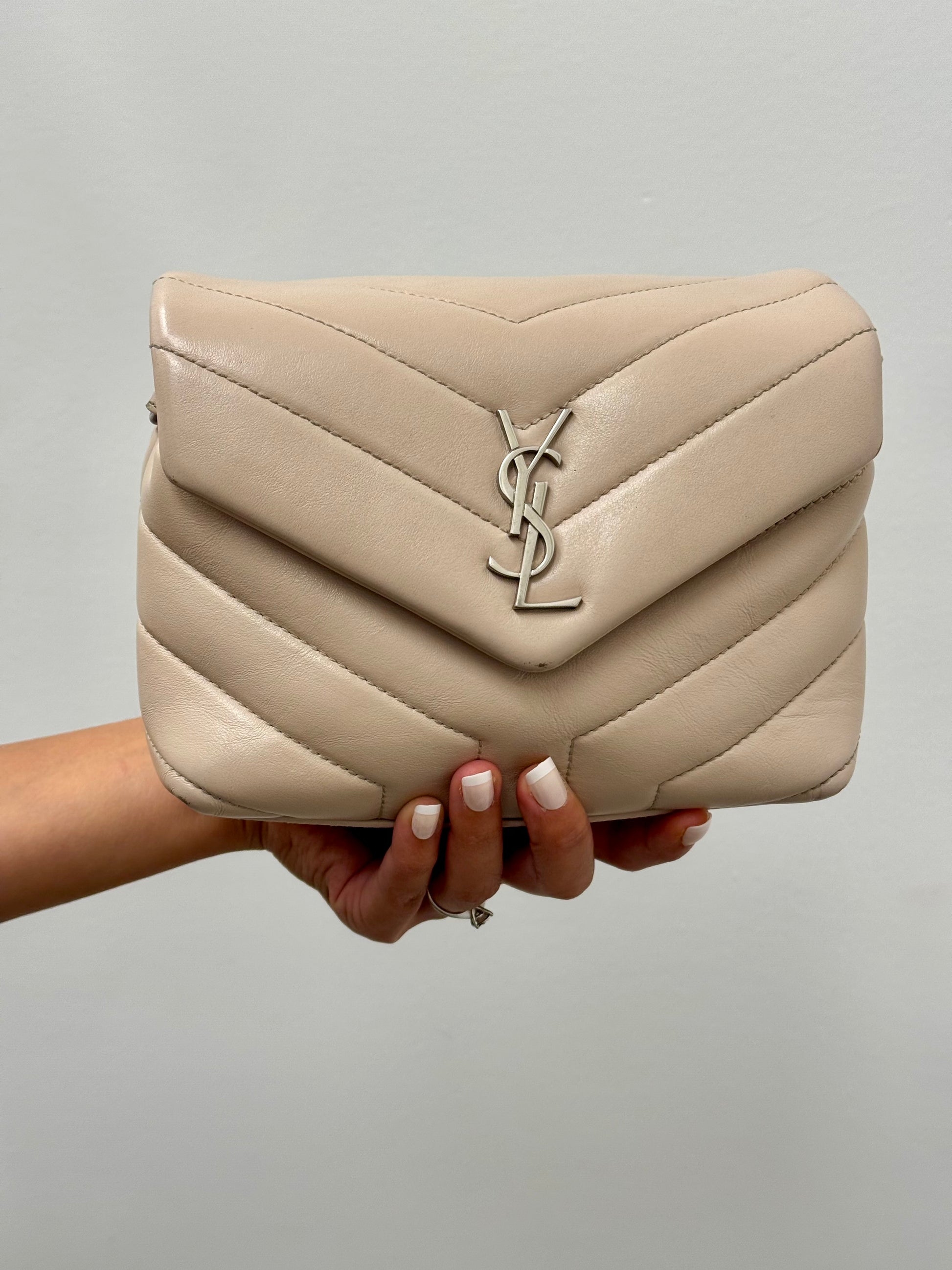 Yves Saint Laurent Toy Loulou Quilted Leather Bag in Beige with Silver Tone Hardware