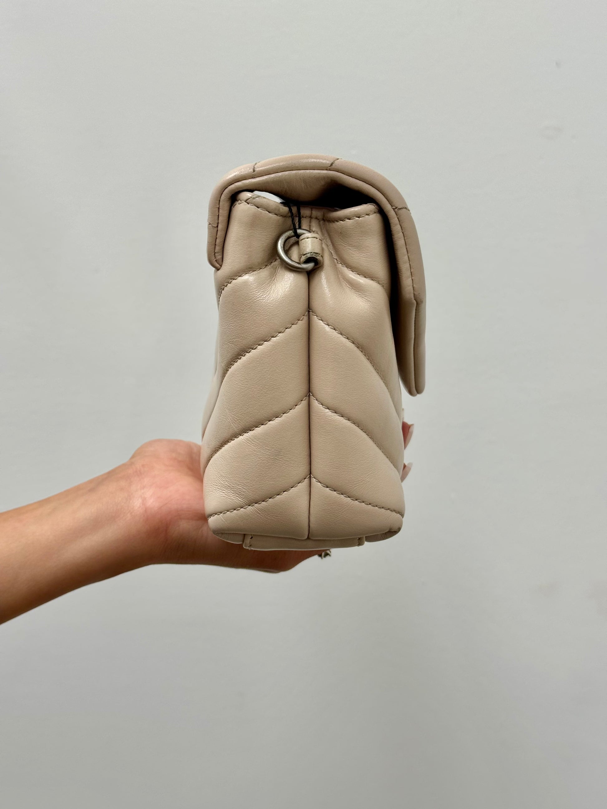 Yves Saint Laurent Toy Loulou Quilted Leather Bag in Beige with Silver Tone Hardware