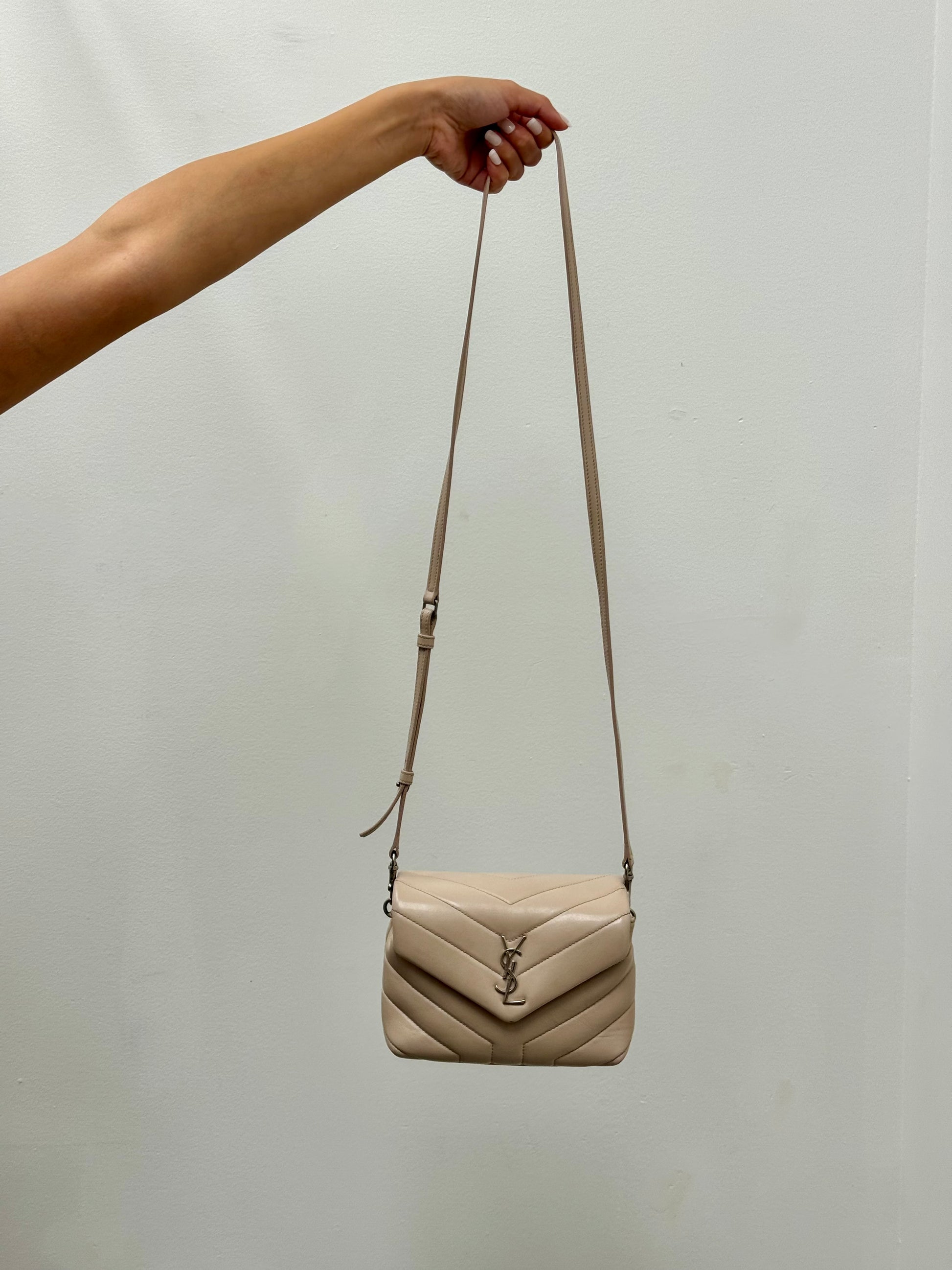 Yves Saint Laurent Toy Loulou Quilted Leather Bag in Beige with Silver Tone Hardware