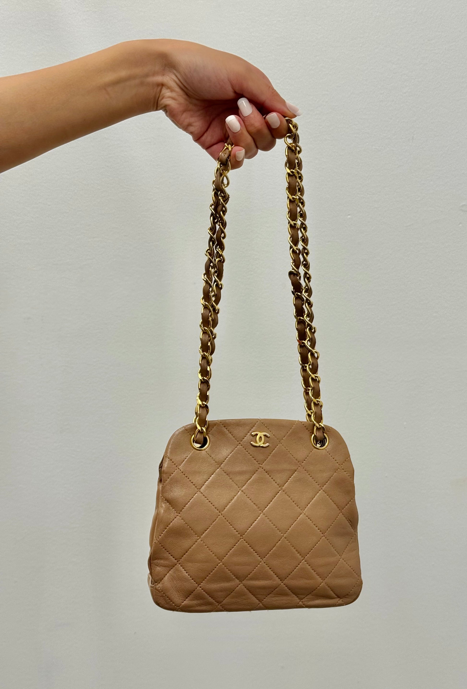 Chanel Vintage Kiss Lock Frame Chain Shoulder Bag in Quilted Lambskin Caramel