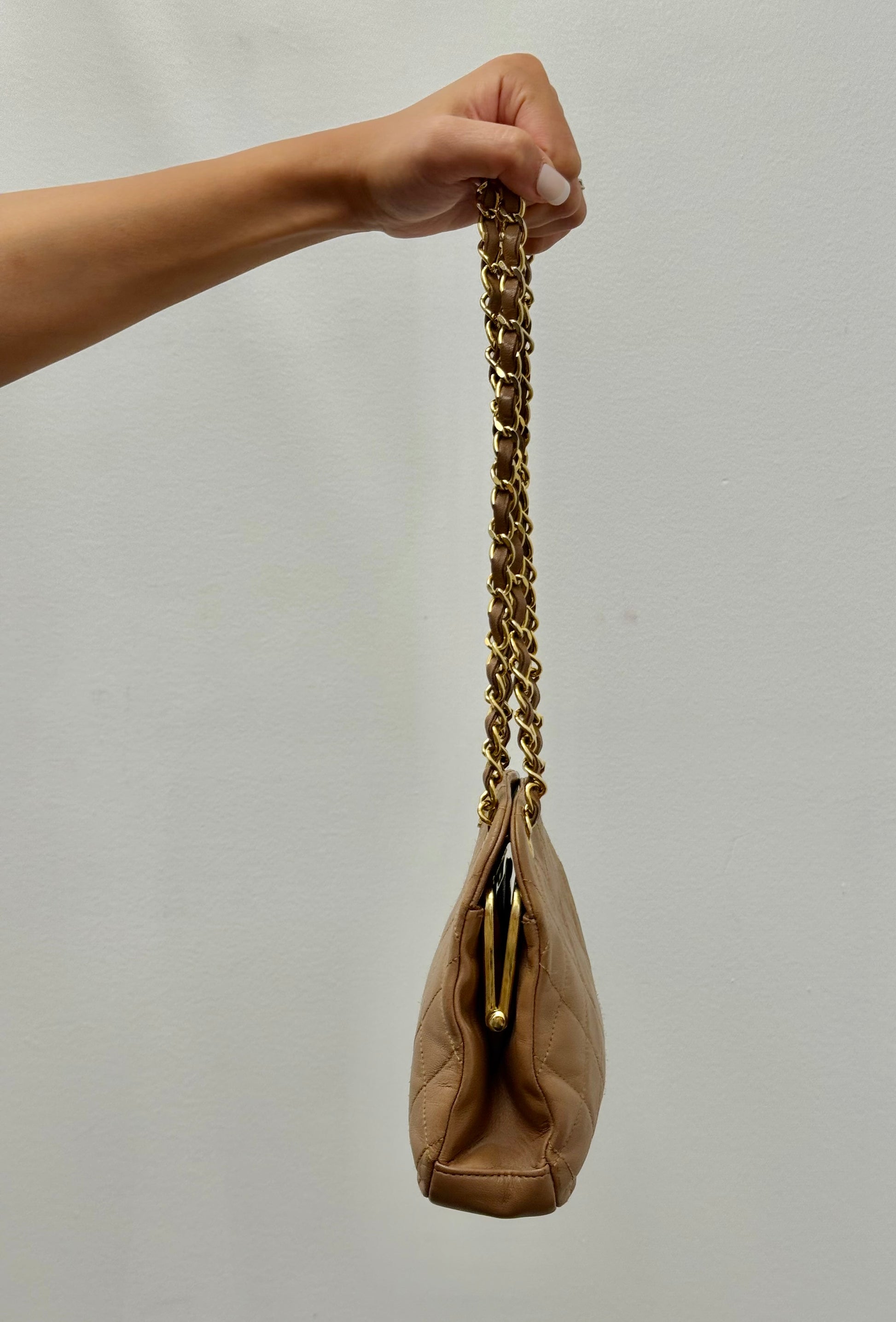 Chanel Vintage Kiss Lock Frame Chain Shoulder Bag in Quilted Lambskin Caramel